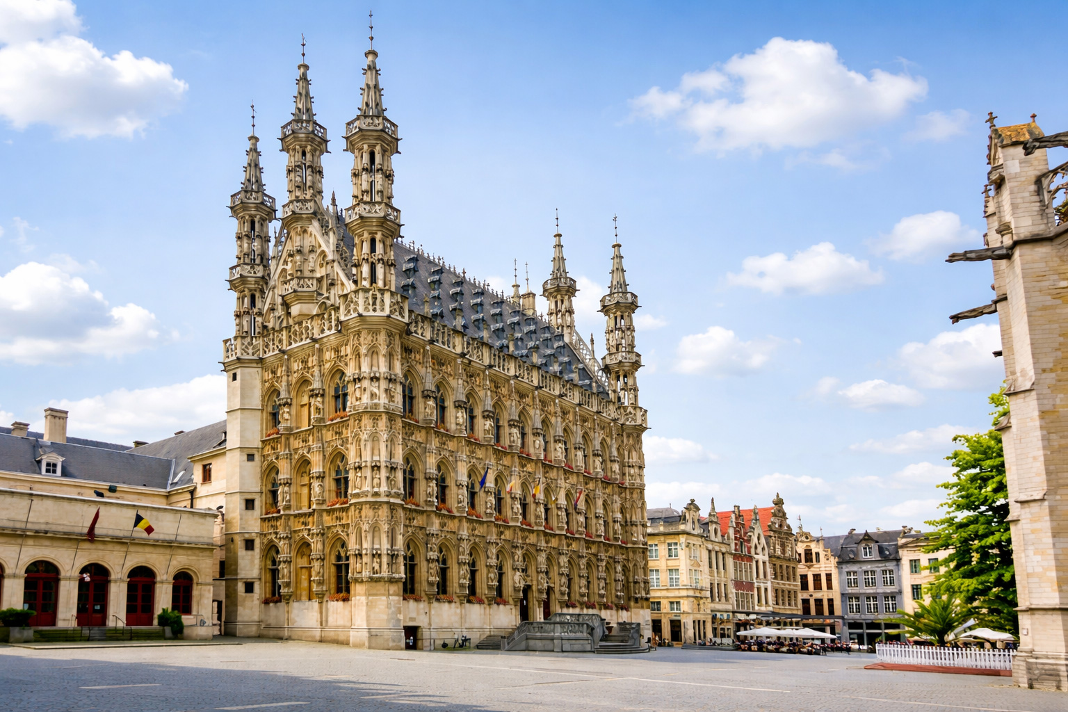 Gotisches Rathaus von Leuven mit reich verzierten Fassaden, filigranen Türmchen und zahlreichen Skulpturen am großen Marktplatz, umgeben von historischen Bürgerhäusern, helles Sonnenlicht mit kräftigen Schatten unter einem blauen Himmel.