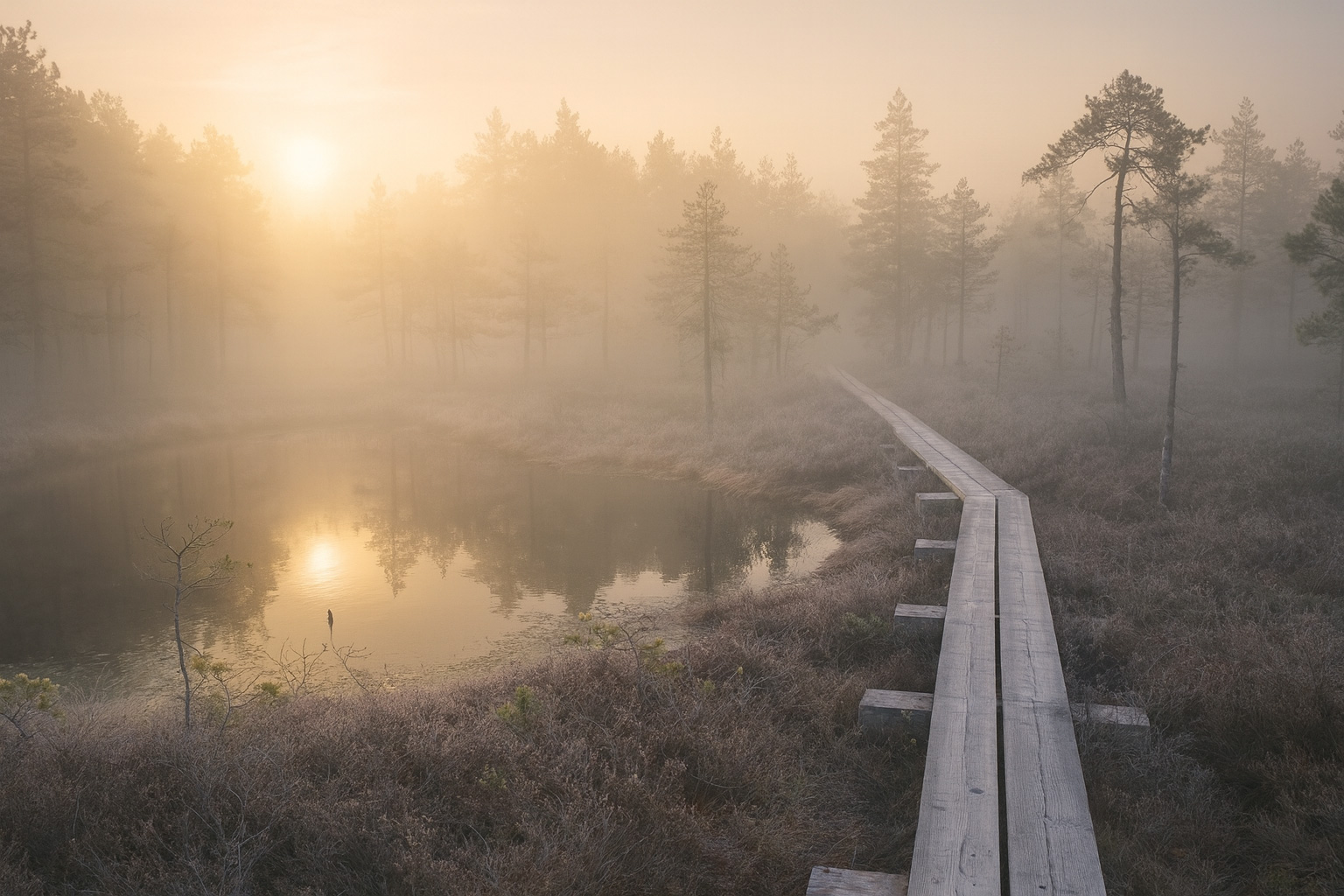 Loosalu–Paluküla Moor-Naturpfad bei Rapla im morgendlichen Bodennebel mit Sonnenaufgang über dem stillen Moorsee und Holzsteg im weichen Licht.