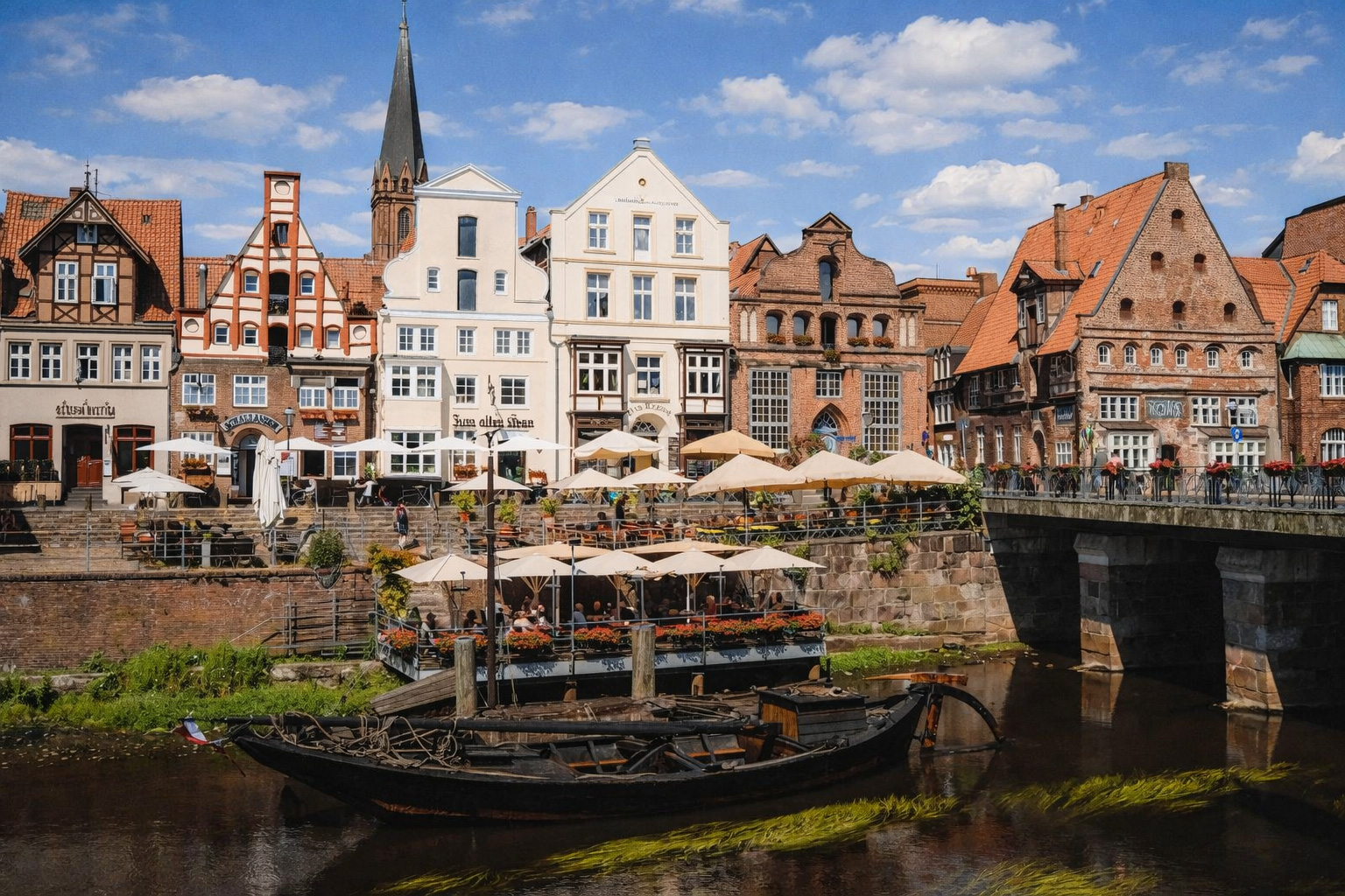 Historische Häuserzeile in Lüneburg am Fluss mit roten Ziegeldächern und Fachwerkfassaden, Straßencafé mit Sonnenschirmen auf der Uferterrasse, Steinbrücke und hölzernes Boot im Vordergrund vor markantem Kirchturm