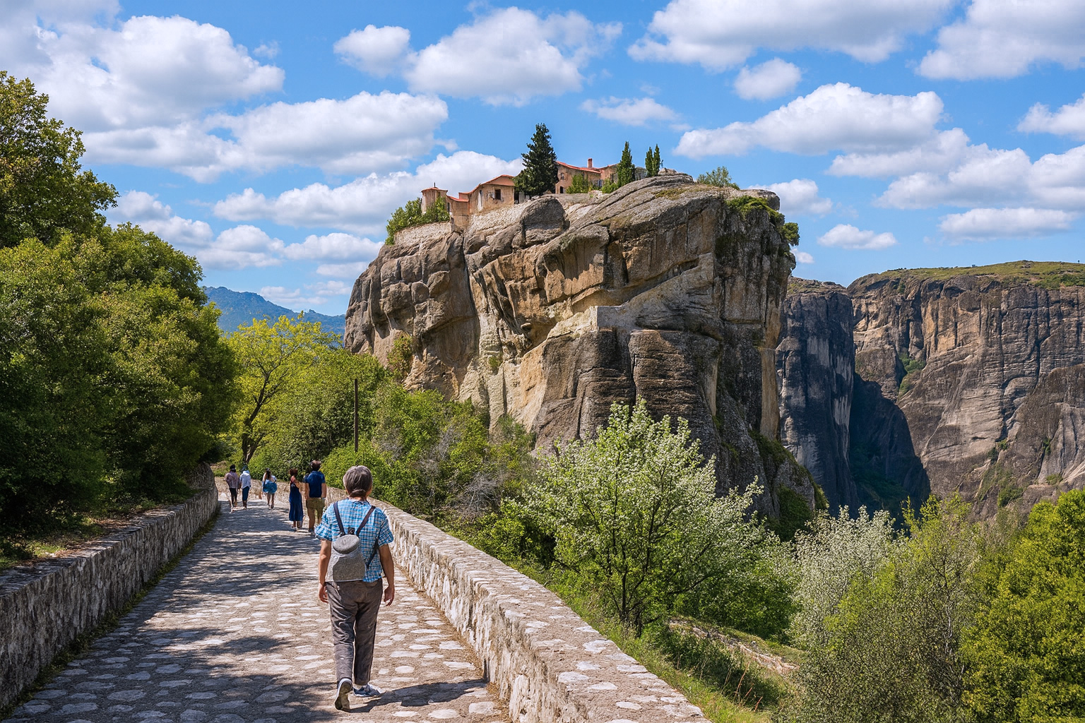 Spaziergänger auf einem Steinweg in der Meteora-Klöster-Region in Griechenland bei sonnigem Wetter mit malerischen weiß-grauen Wolken und Blick auf das Kloster auf dem Felsen.