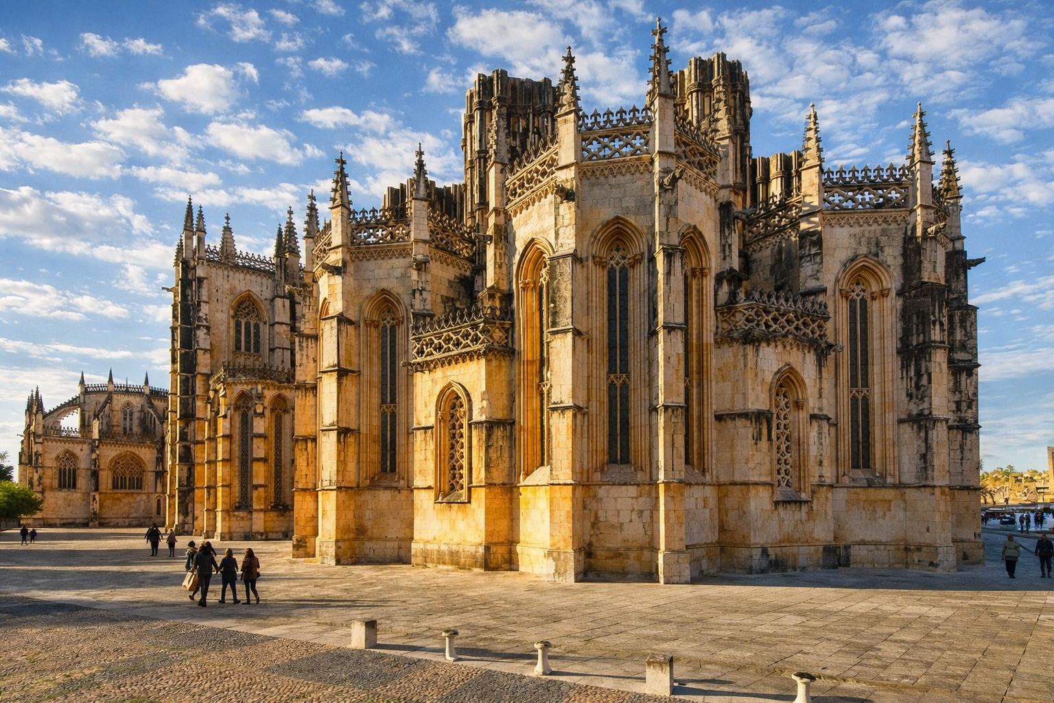 Außenansicht des Mosteiro da Batalha mit reich verzierten gotischen Strebepfeilern, Spitzbogenfenstern und filigranen Zinnen, davor ein großer steinerner Platz mit Besuchern im hellen Sonnenlicht unter leicht veränderten Wolken