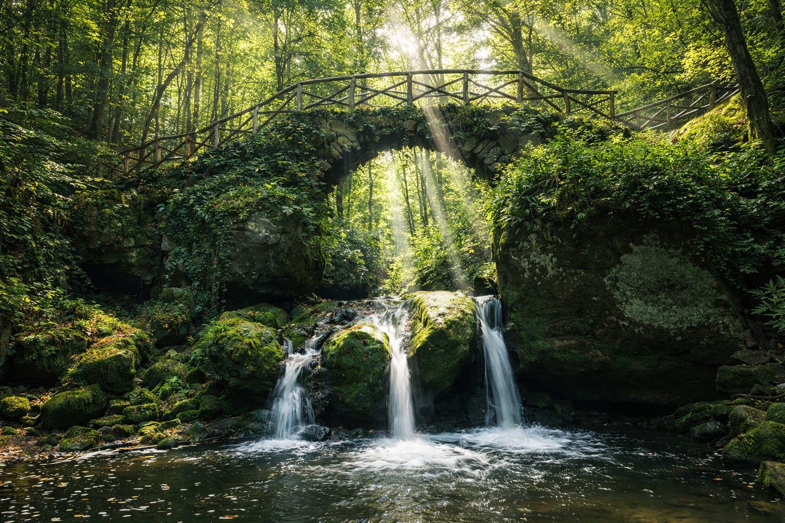 Moosbedeckte Felsen und kleine Wasserfälle in einem grünen Sommerwald am Mullerthal Trail, darüber eine steinerne Bogenbrücke mit Holzgeländer, Sonnenstrahlen fallen durch das Blätterdach und erzeugen kontrastreiche Lichtflecken auf Wasser und Steinen