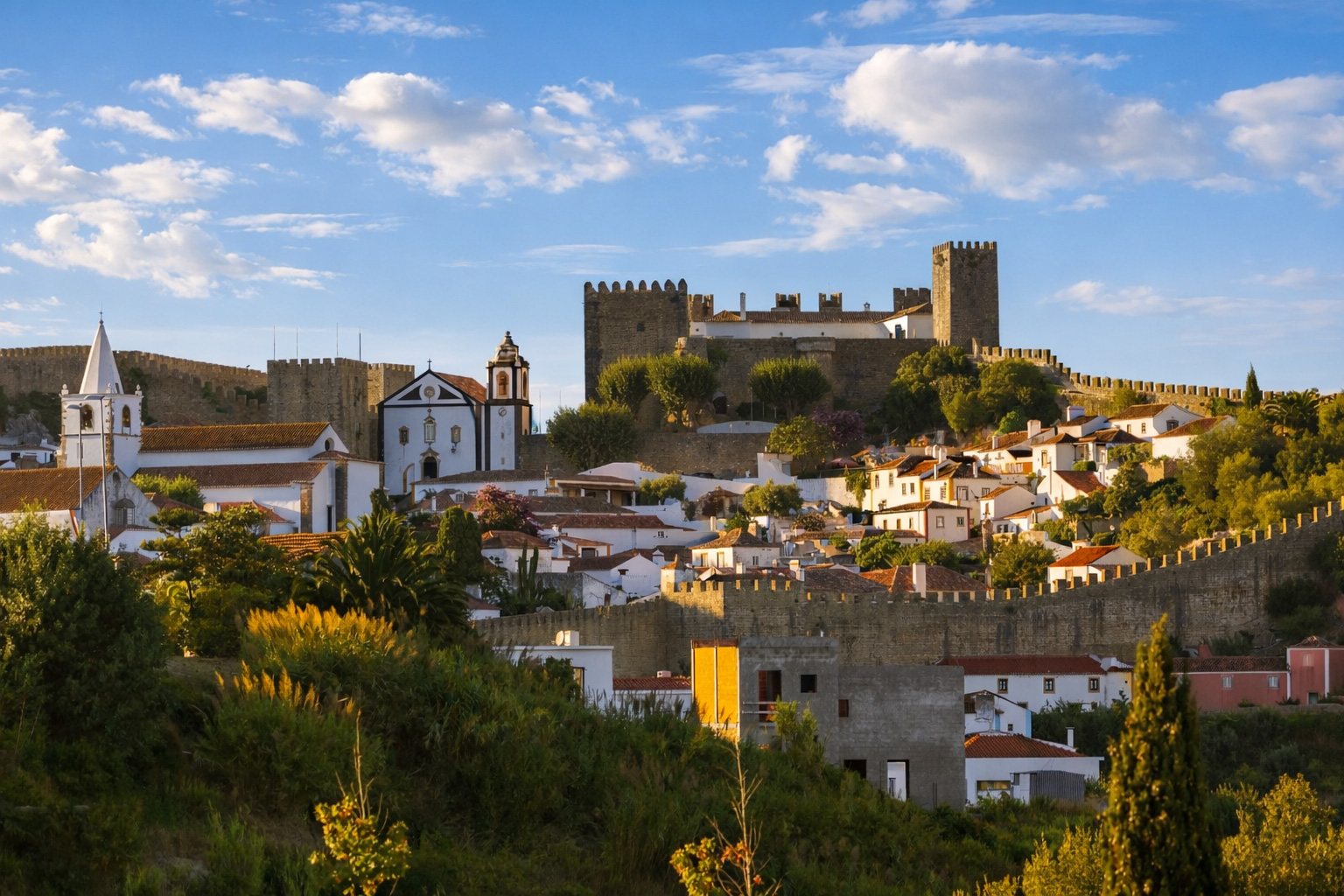 Panoramablick auf Óbidos mit mittelalterlicher Burg und Stadtmauer über weißen Häusern mit roten Ziegeldächern, Kirchenfassaden und grünen Gärten im warmen Sonnenlicht unter leicht veränderten, lockeren Wolken