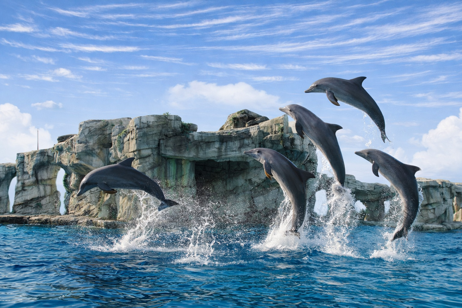 Panoramabild im Oltremare Erlebnispark mit springenden Delphinen.