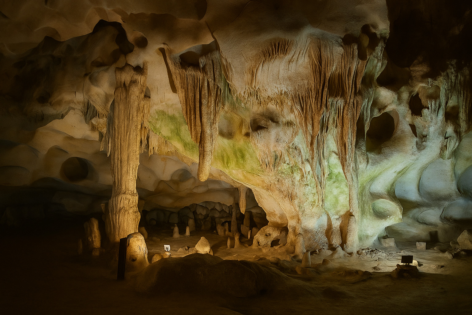 Innenansicht der Orlova-Chuka-Höhle in Bulgarien mit Stalaktiten und Stalagmiten, warm ausgeleuchteten Felsformationen und natürlichen Farben