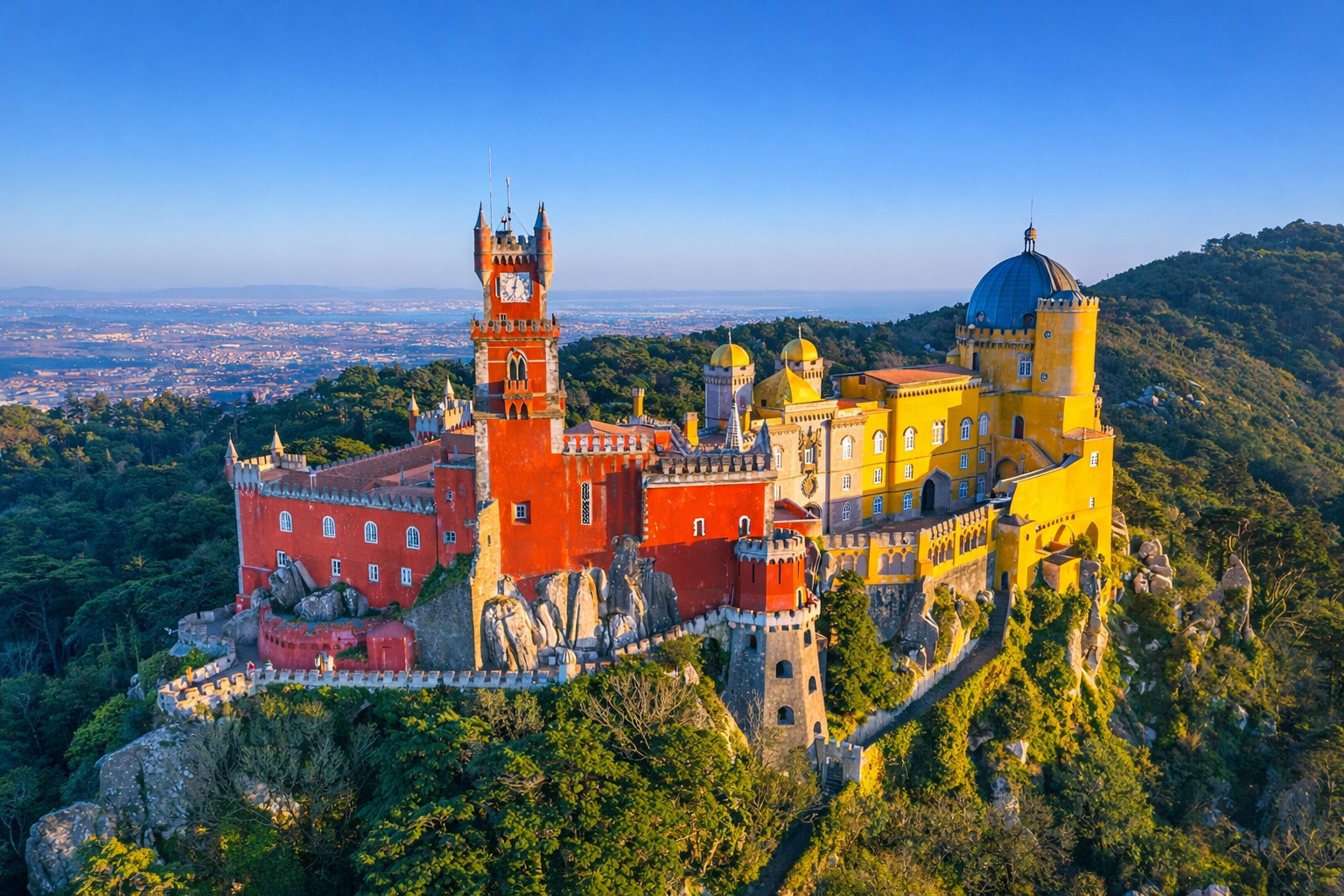 Blick auf den Palácio Nacional da Pena in Sintra mit leuchtend roten und gelben Fassaden, Türmen und Kuppeln auf einem bewaldeten Bergrücken, dahinter weite Landschaft bis zum Horizont unter klarem blauem Himmel
