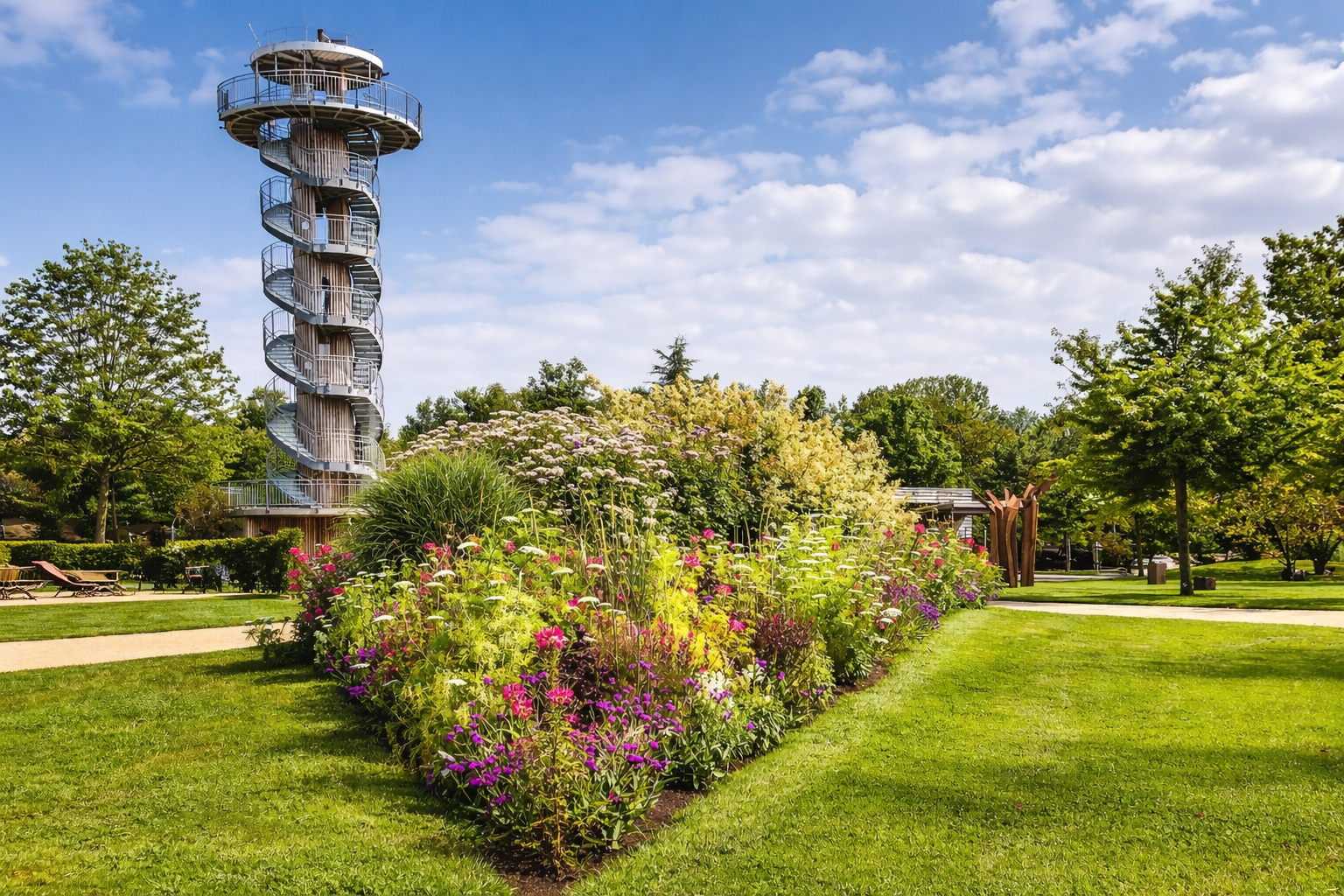 Weitläufige Gartenanlage im Park der Gärten mit farbenprächtigem Staudenbeet im Vordergrund, gepflegtem Rasen und markantem Aussichtsturm mit Wendeltreppe, sommerliche Atmosphäre.