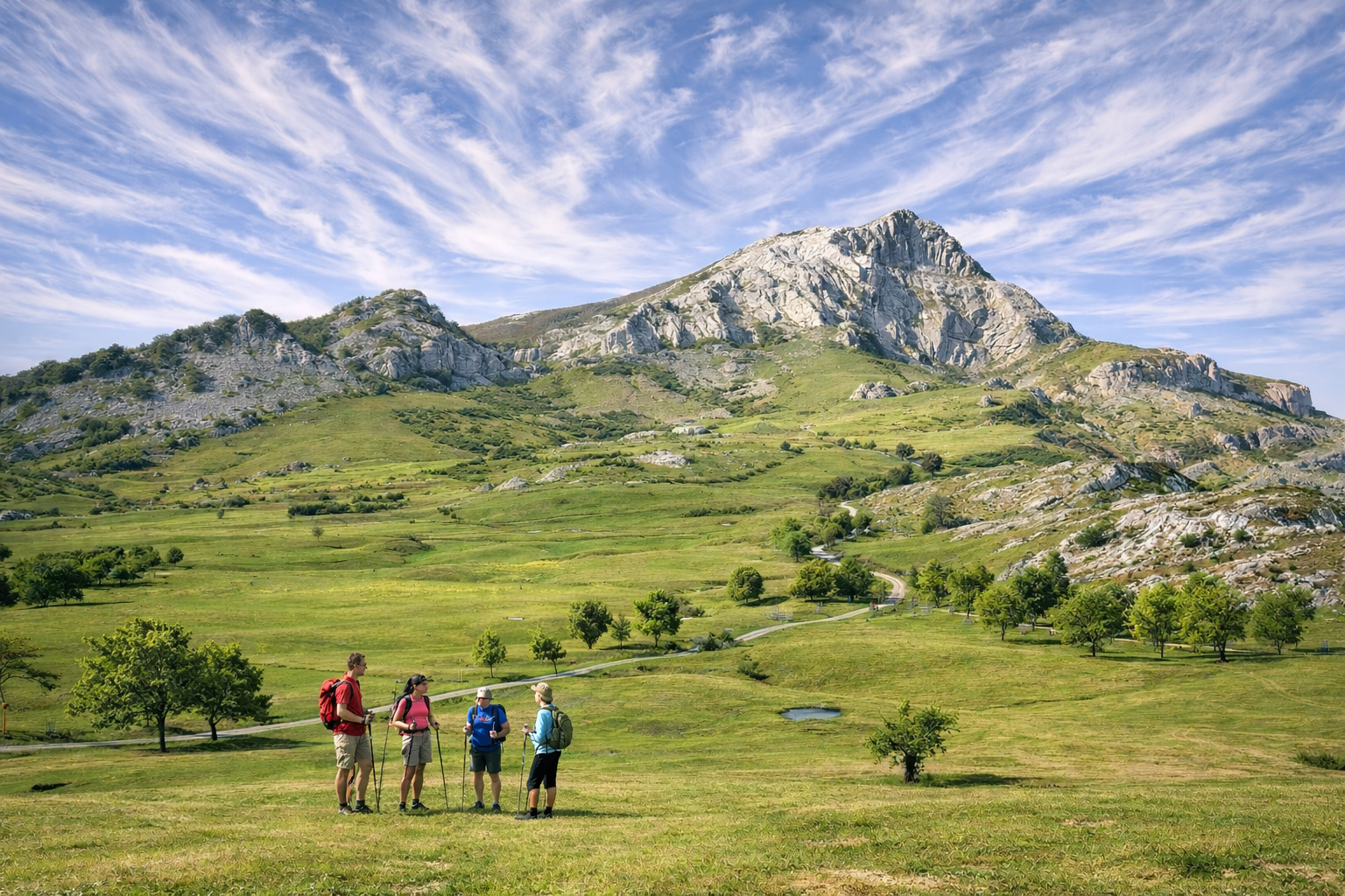 Weite grüne Bergwiesen mit verstreuten Sommerbäumen und kleinem Teich, im Hintergrund ein felsiger Gipfel und ein kurviger Weg unter einer neblig wirkenden, großflächigen Zirruswolke; im Vordergrund eine kleine Wandergruppe