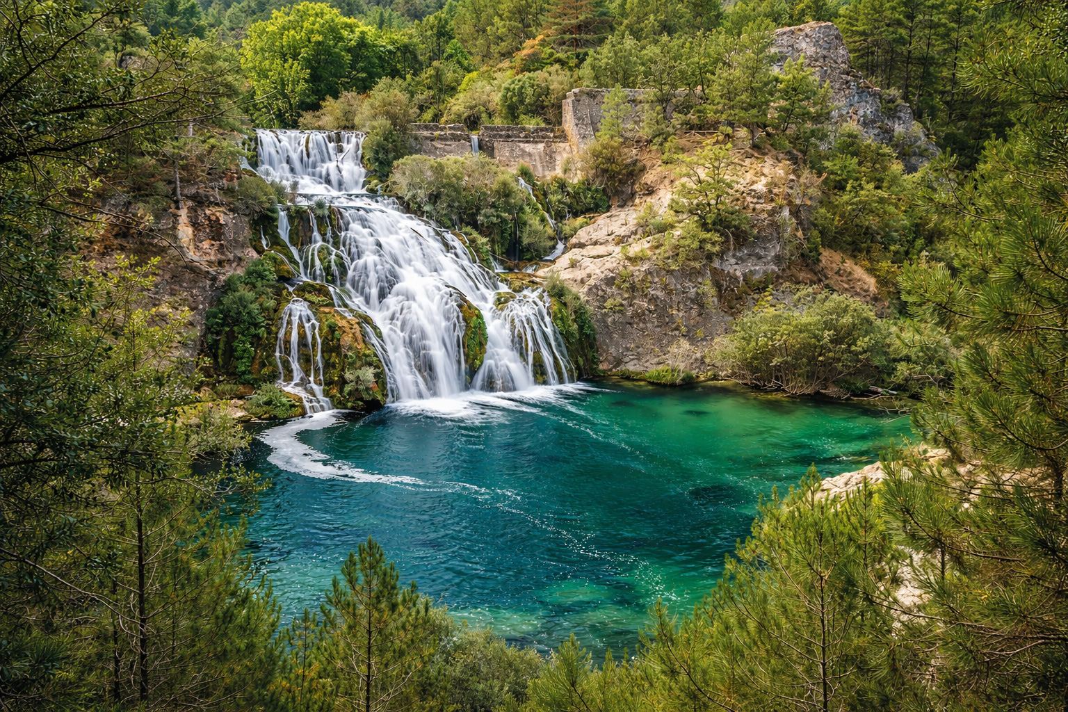 Mehrstufiger Wasserfall im Parque Natural del Alto Tajo, der in ein türkisgrünes Naturbecken fällt, umgeben von Felsen, Kiefern und dichtem Wald, eingefasst von Ästen im Vordergrund bei hellem Sonnenlicht