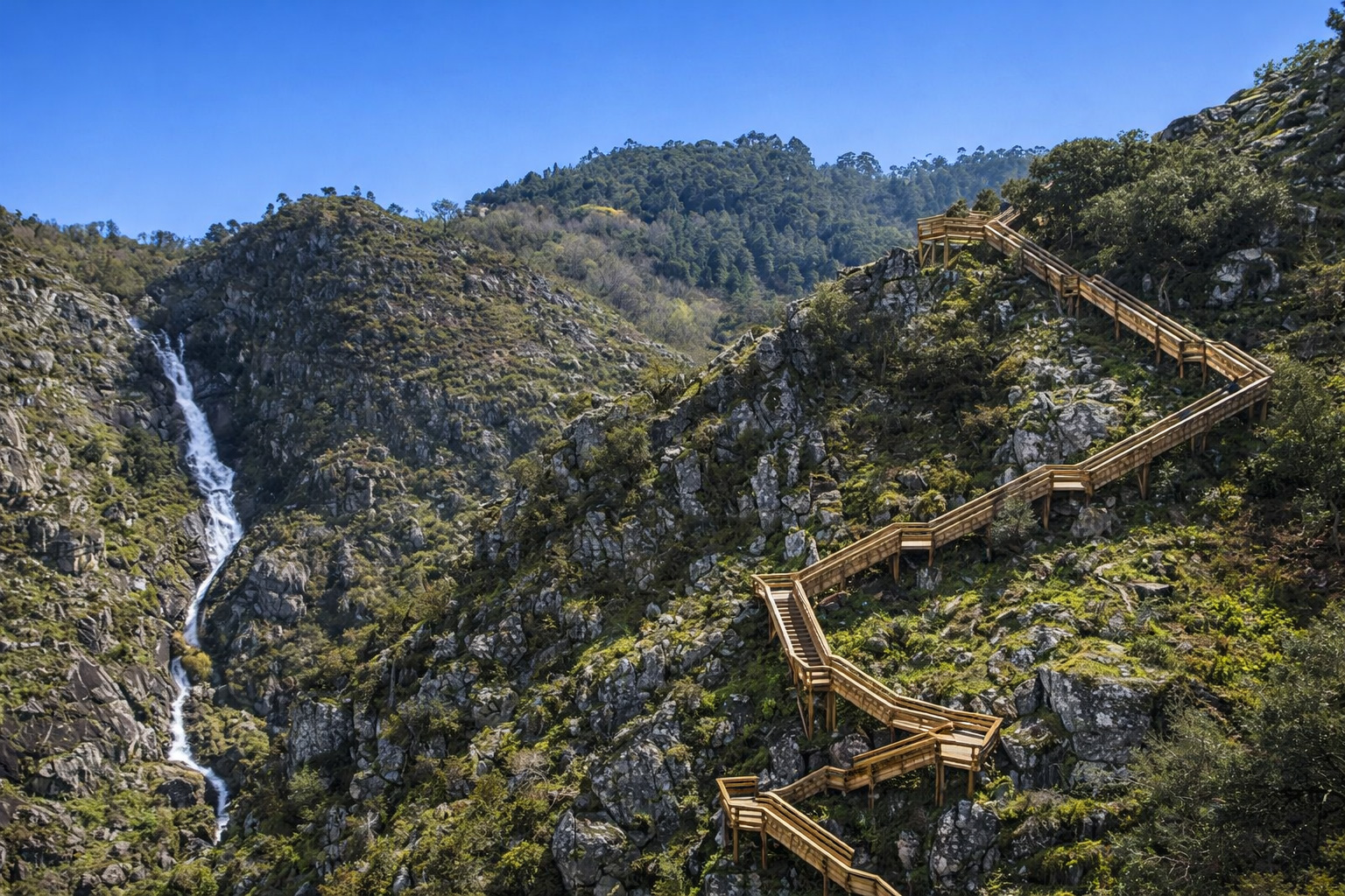 Blick auf die Passadiços do Paiva mit hölzernem Steg und Treppen, die sich in Serpentinen über eine felsige Schlucht ziehen, links ein schmaler Wasserfall an der Felswand, umgeben von grüner Vegetation unter klarem blauem Himmel