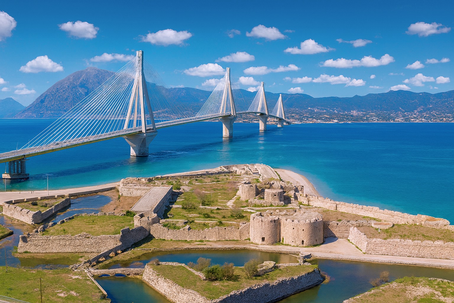 Panorama der Rio-Andirrio-Brücke bei Patras mit der Rio-Burg im Vordergrund, strahlend blauem Himmel, weißen Wolken und türkisfarbenem Wasser des Golfs von Korinth.