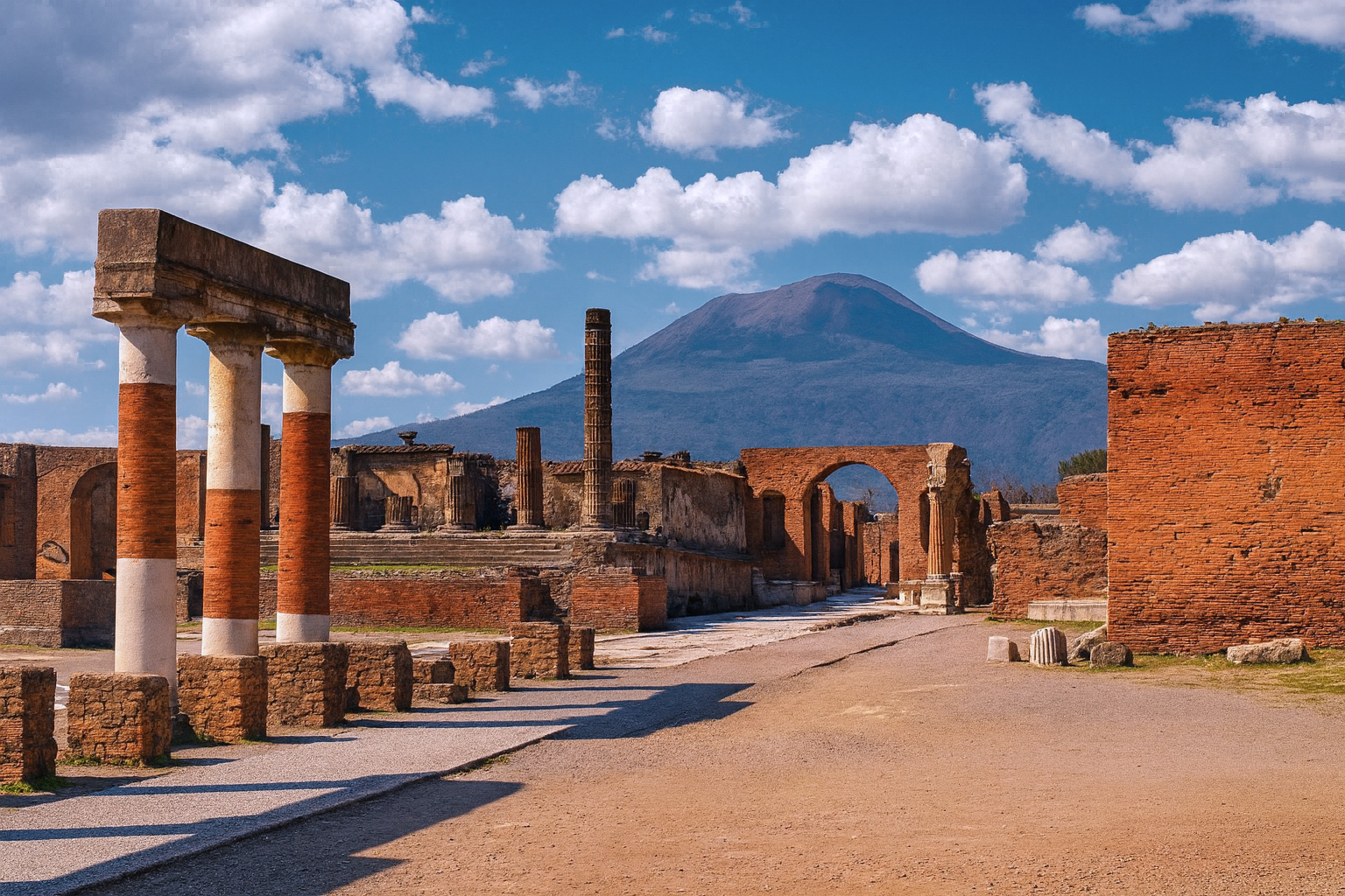Die antike Ausgrabungsstätte Pompeji in Italien mit dem Vesuv im Hintergrund, umgeben von antiken Säulen und Ruinen unter malerischen weiß-grauen Wolken im besten Sonnenlicht.