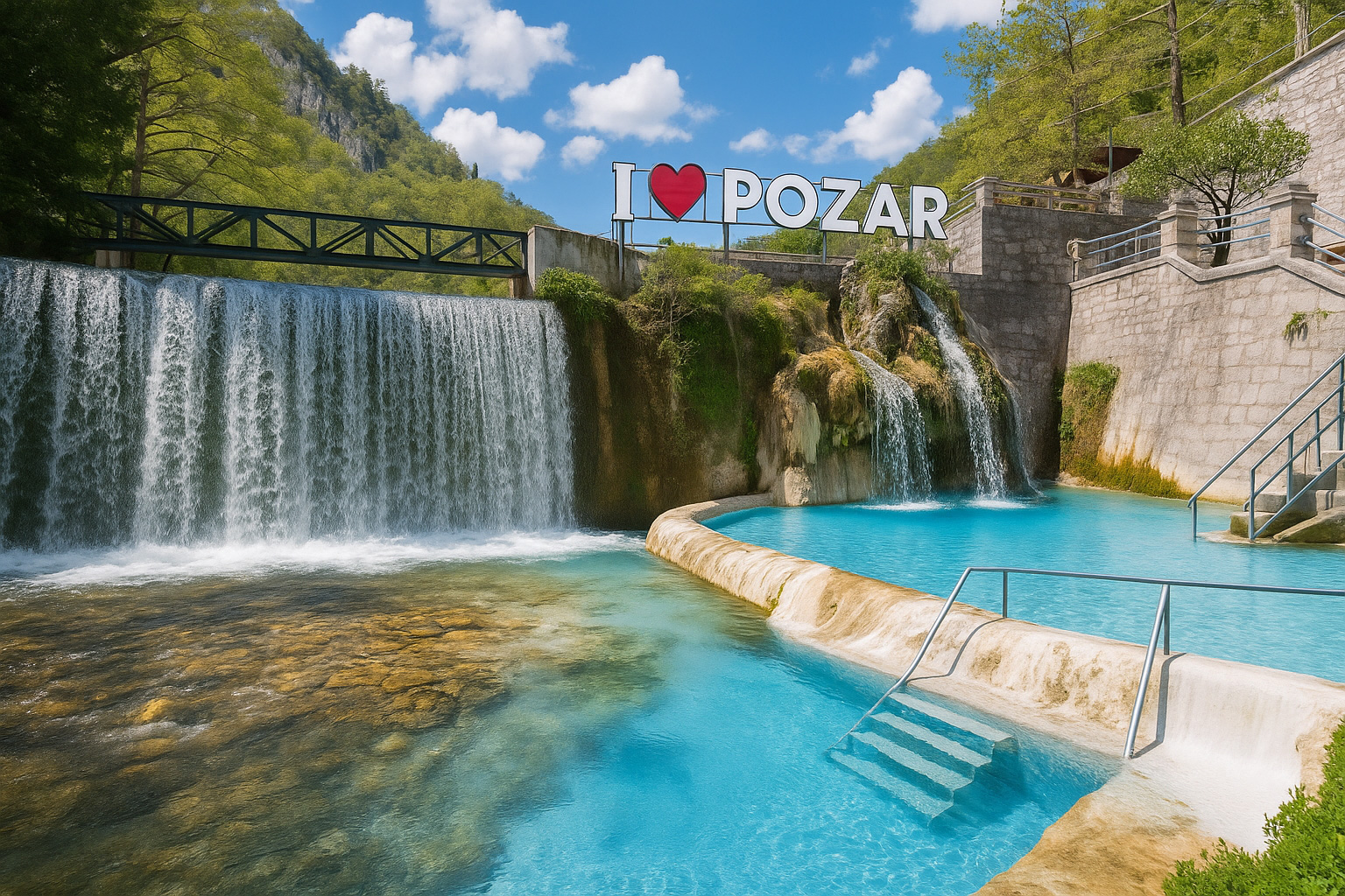 Die Pozar Thermalbäder in Griechenland mit kristallklarem Wasser, Wasserfällen und dem Schriftzug „I ❤️ Pozar“ unter blauem Himmel und Sonnenlicht.