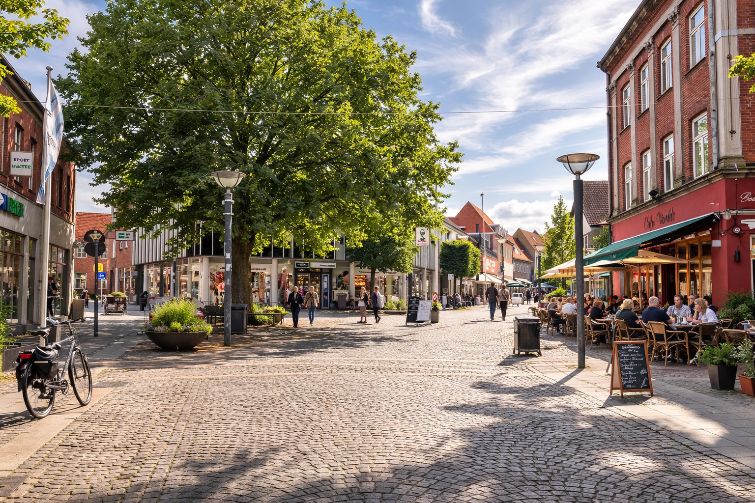 Sonniger Marktplatz in Ringsted mit breiter Kopfsteinpflasterstraße, großem grünen Baum und roten Backsteinhäusern, rechts ein gut besuchtes Straßencafé mit Tischen und Sonnenschirmen, mehrere Spaziergänger auf dem Platz.