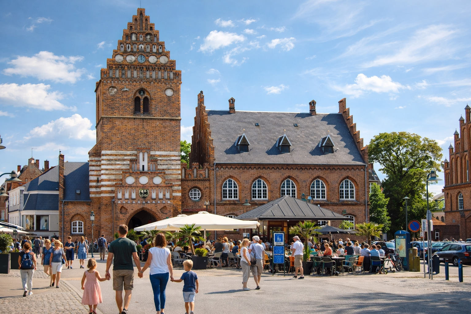 Belebter Platz in Roskilde mit imposantem Backsteinbau und markantem Turm, historische Fassaden mit Rundfenstern und Ziermauerwerk, davor ein großes Straßencafé mit Sonnenschirmen und Pflanzenkübeln, Besucher schlendern über den Platz, kräftiges Sonnenlicht mit klaren Schatten und leicht veränderte Wolken am blauen Himmel