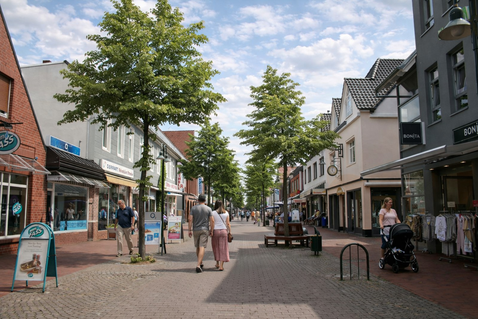 Fußgängerzone in Rotenburg (Wümme) mit gepflasterter Einkaufsstraße, kleinen Geschäften und grünen Straßenbäumen, entspannt schlendernde Besucher und ein Kinderwagen, freundliche Tagesstimmung.