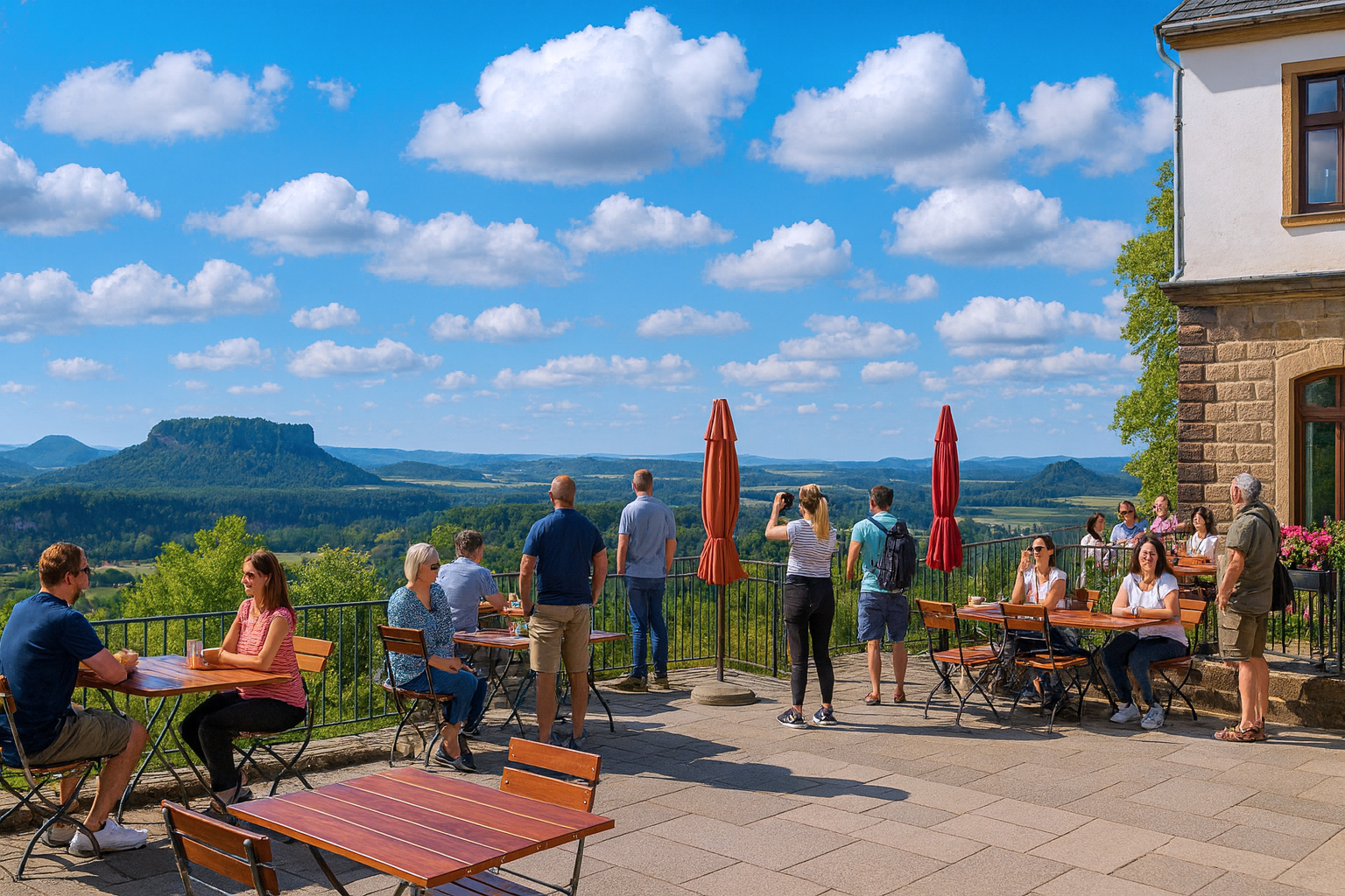 Brandaussicht in der Sächsischen Schweiz mit Besuchern auf der Aussichtsterrasse, blauem Himmel, weiß-grauen Wolken und warmem Sonnenlicht