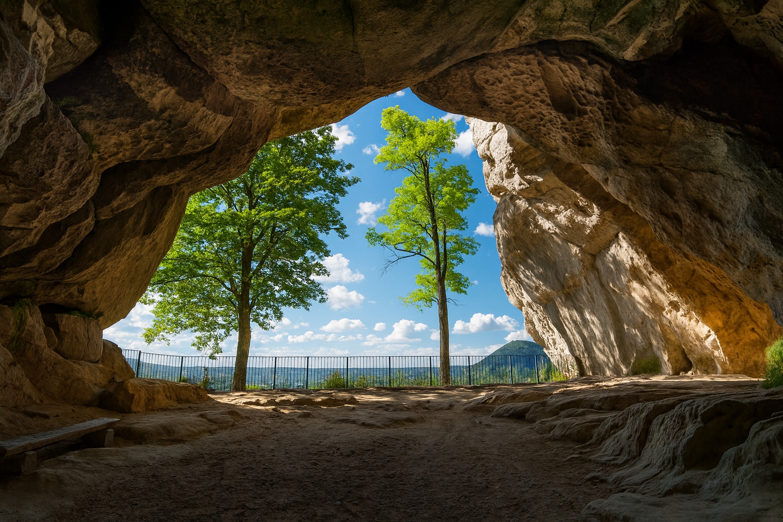 Kuhstall-Höhle in der Sächsischen Schweiz mit Blick ins Tal, malerischen weiß-grauen Wolken und sonniger Sommerstimmung