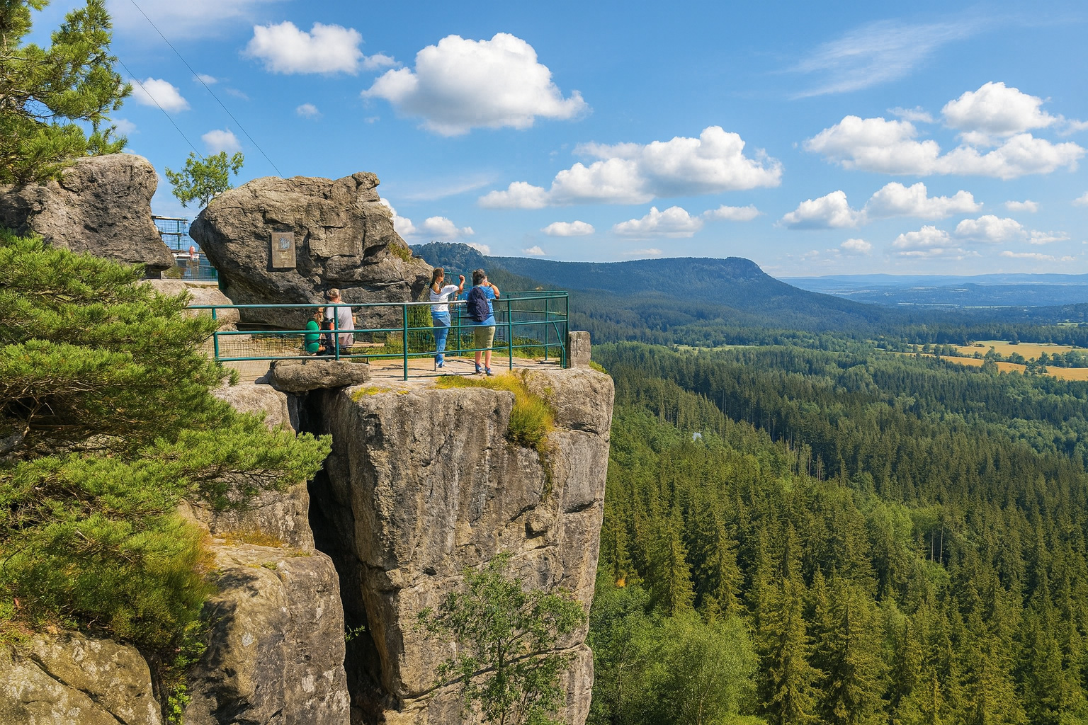 Aussichtspunkt Lilienstein in der Sächsischen Schweiz mit Besuchern, malerischen weiß-grauen Wolken und sonniger Landschaft