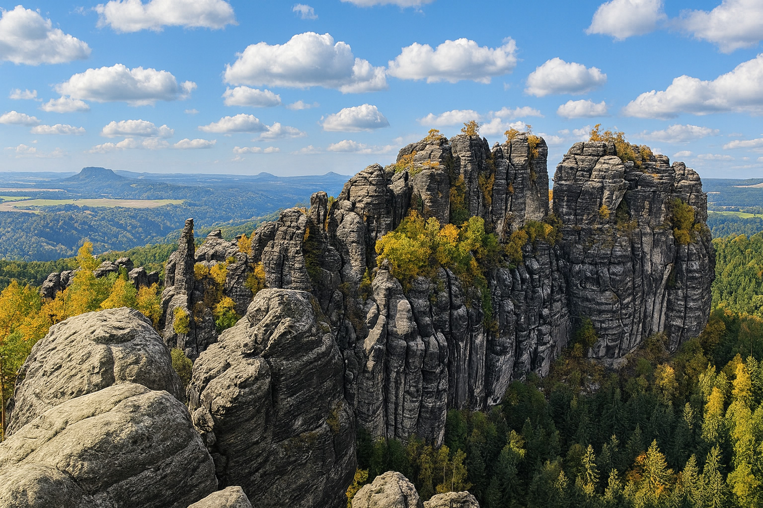 Schrammsteinfelsen in der Sächsischen Schweiz mit herbstlichen Bäumen, blauem Himmel und malerischen weiß-grauen Wolken