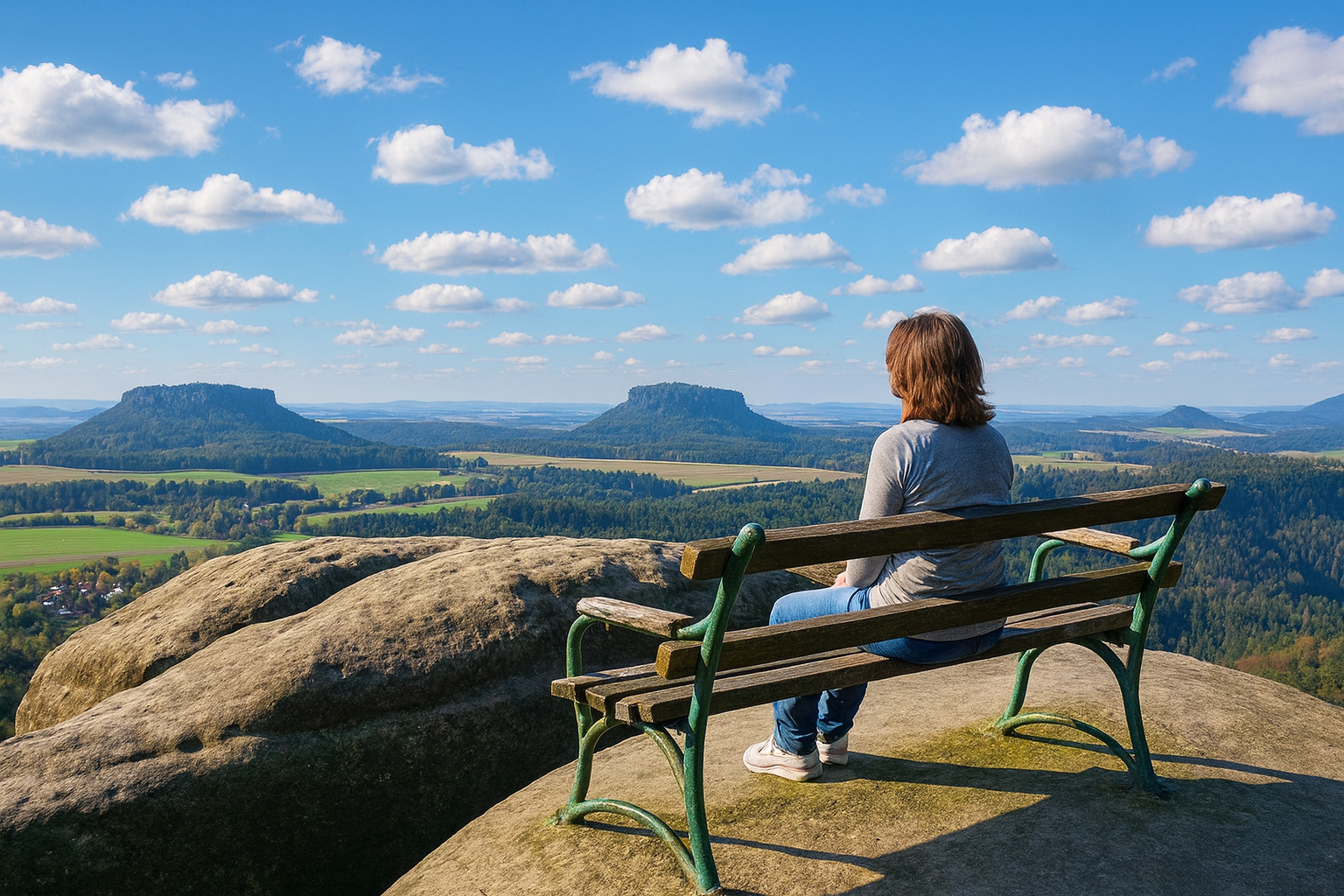 Aussichtspunkt Waitzdorfer Höhe in der Sächsischen Schweiz mit einer sitzenden Frau auf der Bank, malerischen weiß-grauen Wolken und sonniger Landschaft