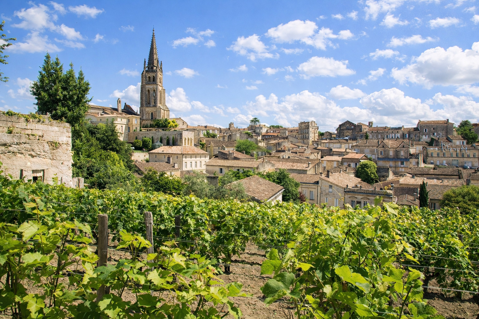 Blick über die Weinberge auf die Altstadt von Saint-Émilion mit hellen Natursteinhäusern und dem hohen Kirchturm, eingefasst von grünem Laub und warmen Dachziegeln bei kräftigem Sonnenlicht und leicht veränderten Wolken