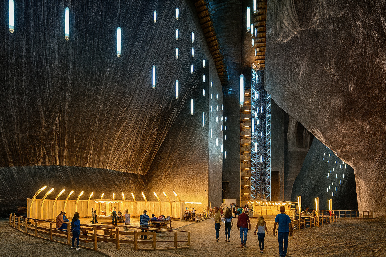 Das Salzbergwerk Salina Turda in Rumänien mit neuen Besuchern, leuchtenden Wänden und warmem Licht in der unterirdischen Halle