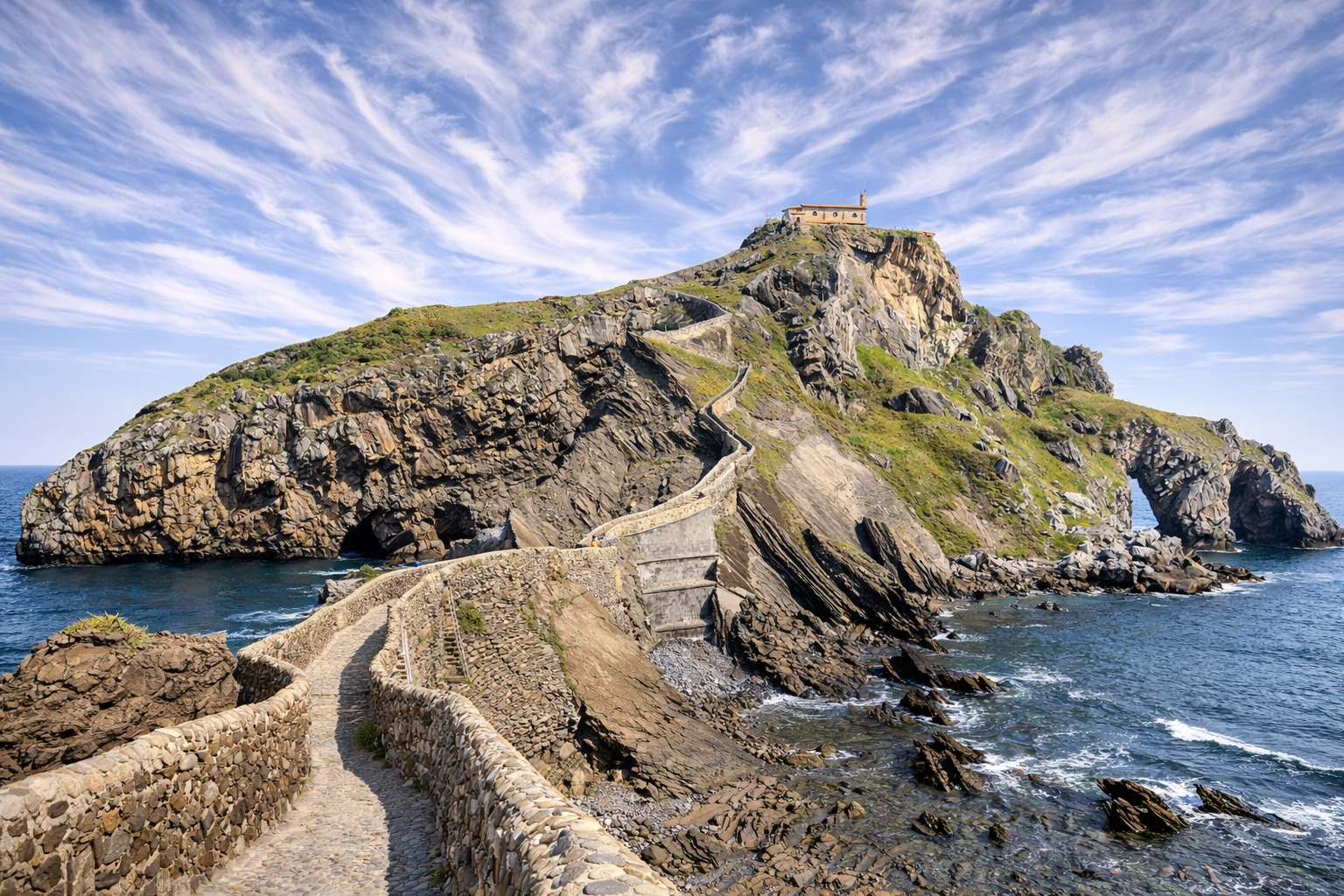 Steinbrücke und Serpentinenweg führen über schroffe Felsen zur Einsiedelei San Juan de Gaztelugatxe auf einem grünen Inselhügel, umgeben vom Atlantik mit Brandung und dunklen Klippen unter einer großflächigen, neblig wirkenden Zirruswolke