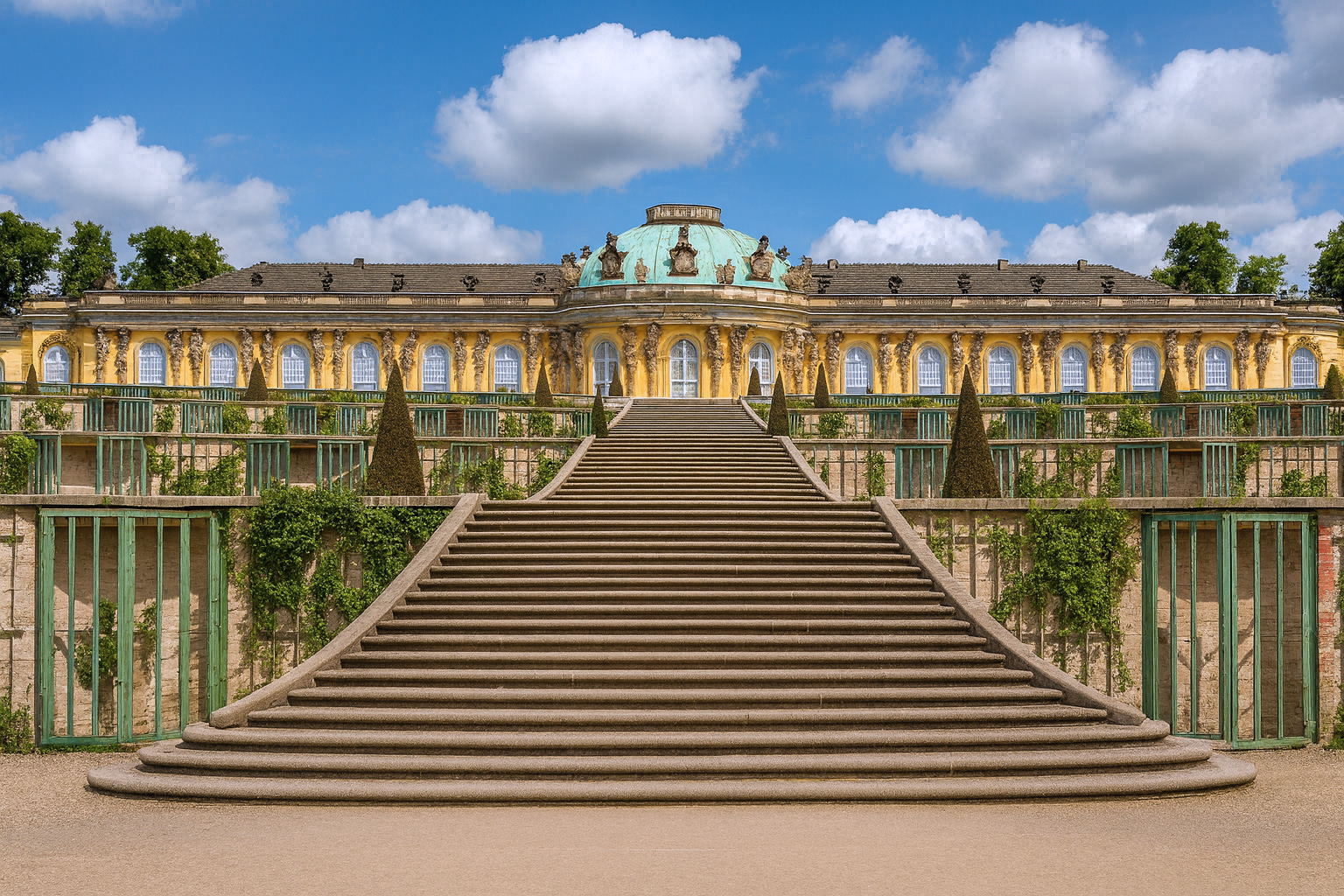 Schloss Sanssouci in Potsdam mit barocker Architektur, Terrassengärten und malerischen weiß-grauen Wolken im besten Sonnenlicht.