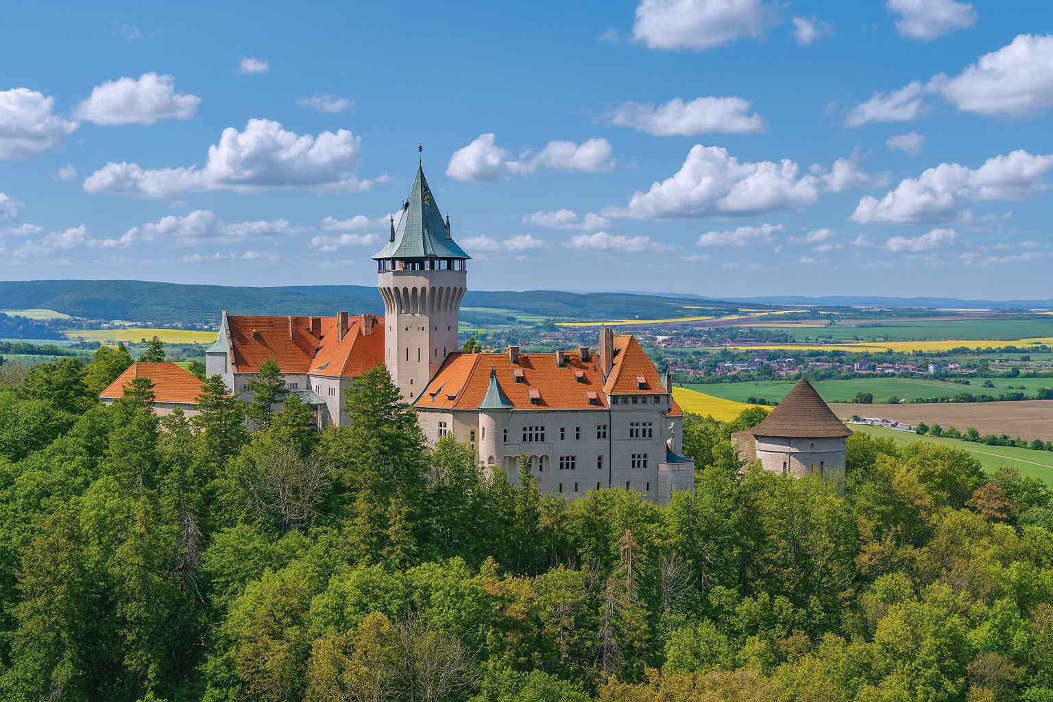 Schloss Smolenice in der Slowakei im Sonnenlicht mit malerischen weiß-grauen Wolken und Blick auf das weite Tal
