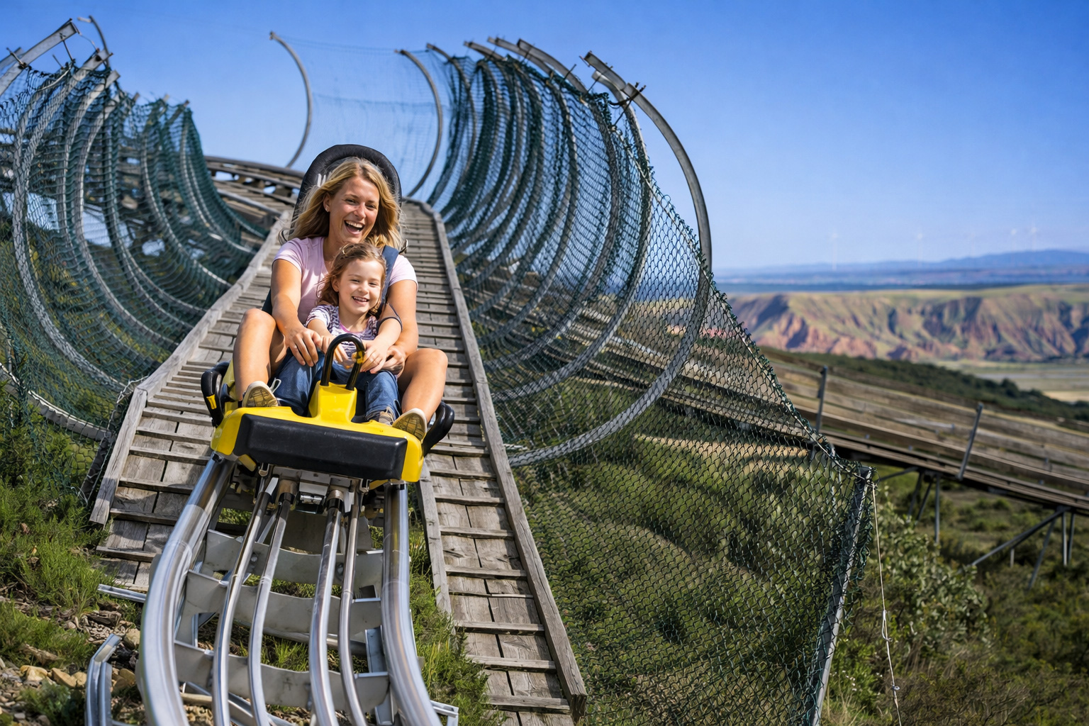 Sommerliche Szene in Sendaviva mit gelber Sommerrodelbahn auf einer erhöhten Holzstrecke, abgesichert durch Netze, im Vordergrund fahren zwei fröhliche Besucherinnen im Schlitten, dahinter weite Hügellandschaft unter klarem blauem Himmel