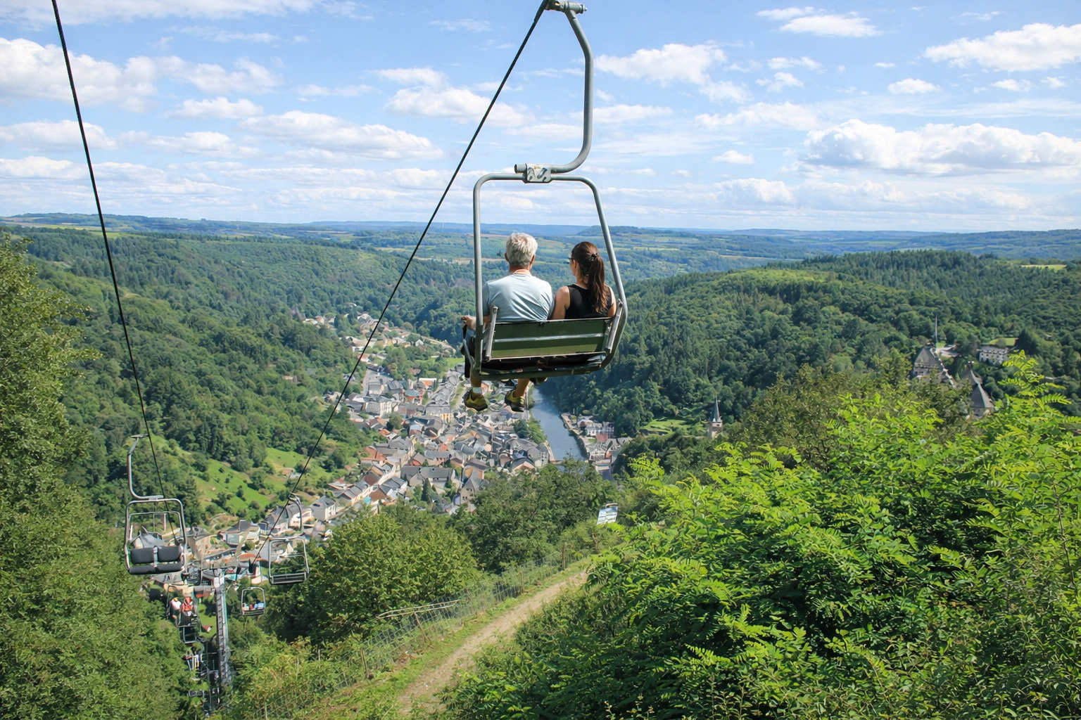 Blick aus einem Sessellift über das grüne Tal von Vianden mit der Stadt am Flusslauf, bewaldeten Hügeln und weitem Panorama bis zum Horizont, im Vordergrund die Liftanlage und ein besetzter Sessel, darunter sonnige Wiesen und klare Sicht unter leicht veränderten, locker verteilten Wolken