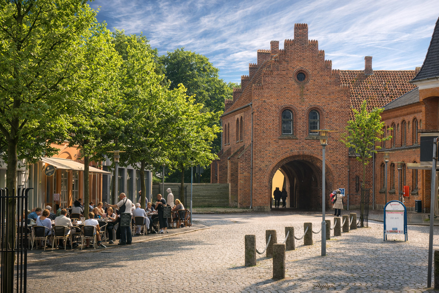 Kopfsteingepflasterte Straße in Sorø mit historischen Backsteingebäuden und einem markanten Torhaus im Hintergrund, links ein belebtes Straßencafé unter grünen Bäumen, sonniges Licht mit klaren Schatten und eine große, zarte Zirruswolke am Himmel