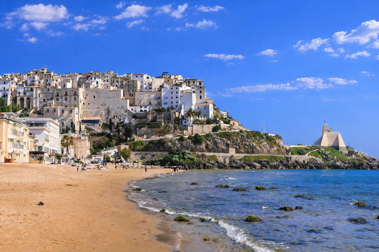 Panoramabild auf das die Stadt Sperlonga mit weißen Häusern am Felsen und Meer