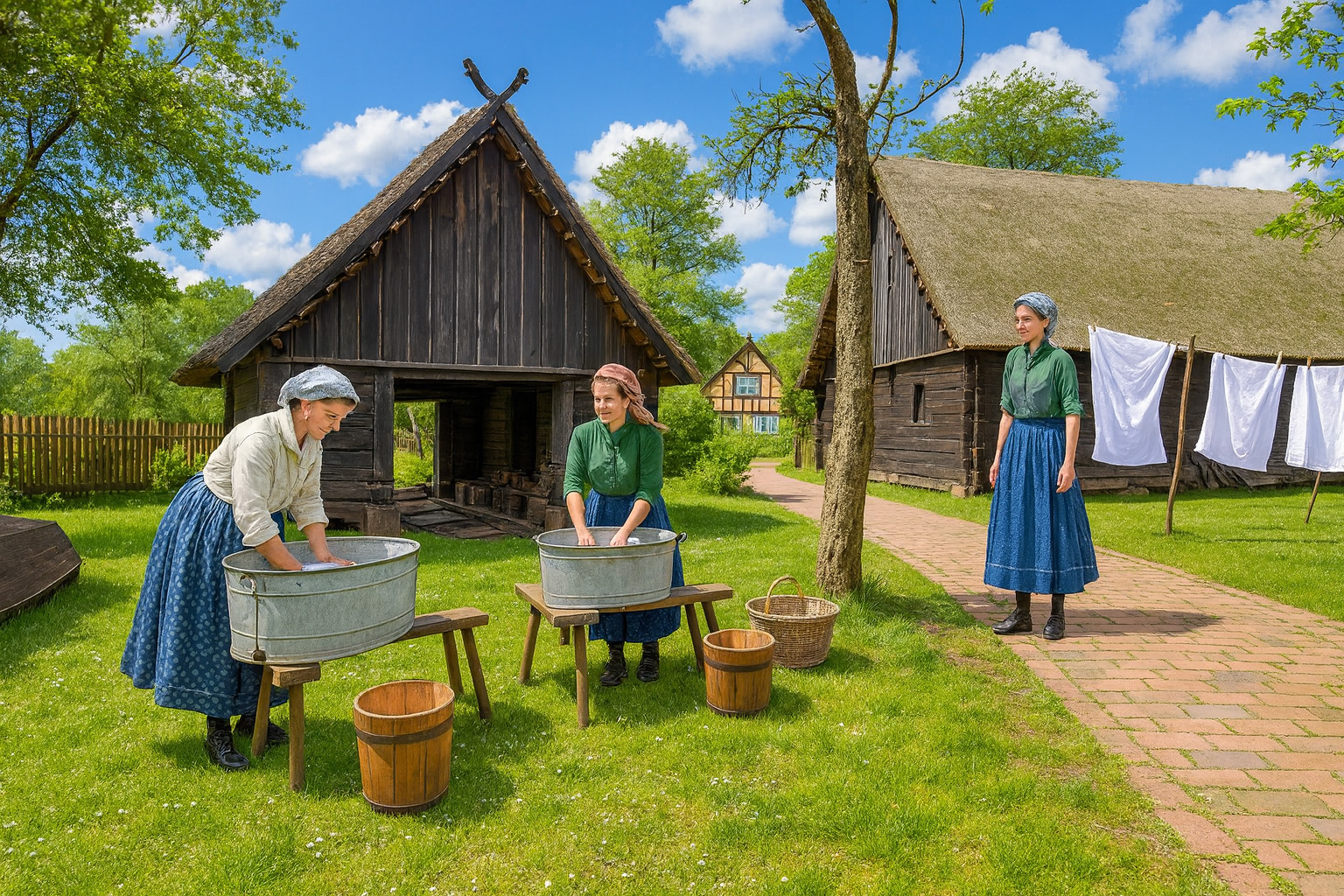 Freilandmuseum Lehde im Spreewald im Sommer mit grüner Vegetation, malerischen weiß-grauen Wolken und Personen in traditioneller Kleidung beim Wäschewaschen im Sonnenschein.