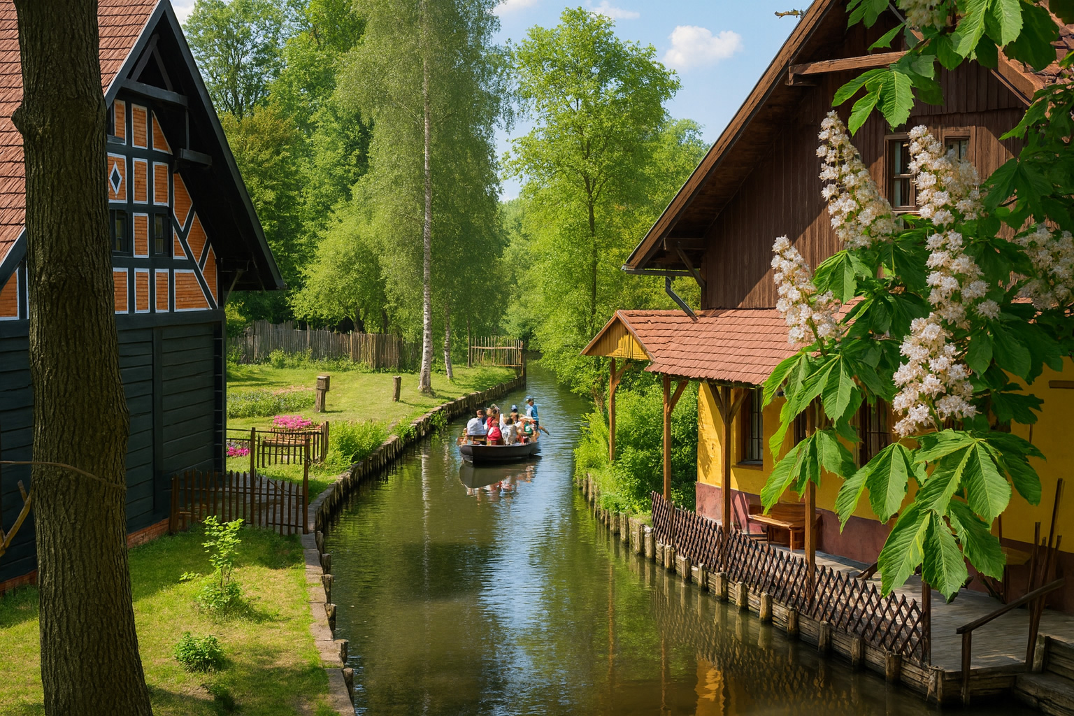 Sommerliche Bootsfahrt auf einem Spreewaldkanal zwischen traditionellen Fachwerkhäusern, umgeben von grünem Laub und blühenden Kastanien im Sonnenlicht.