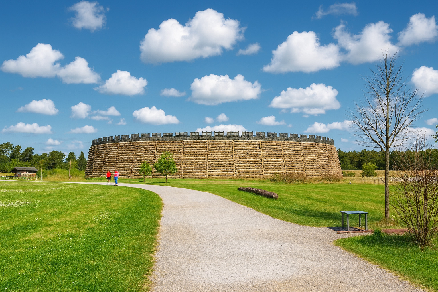 Slawenburg Raddusch im Spreewald an einem sonnigen Sommertag mit saftig grüner Landschaft, malerischen weiß-grauen Wolken und klarblauem Himmel.