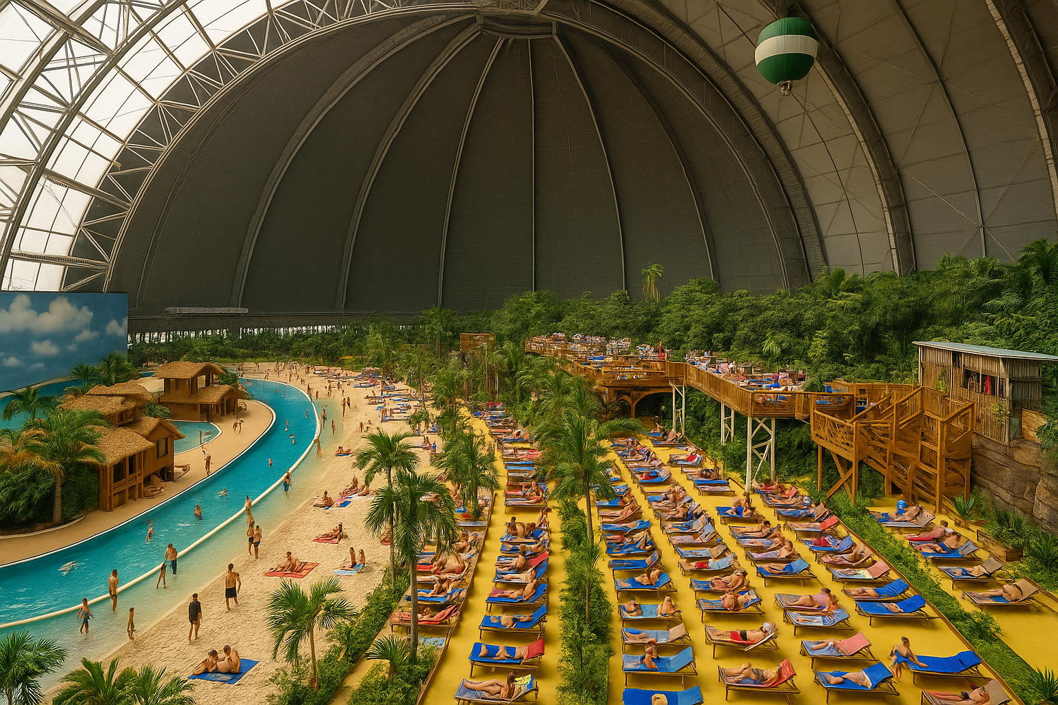 Tropical Islands im Spreewald mit geschlossener Kuppel, tropischer Innenlandschaft, Palmen, Sandstrand