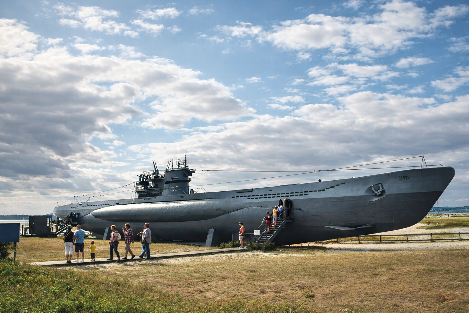 Das U-Boot U-995 am Technischen Museum in Laboe bei Kiel, seitlich aufgenommen an einem sonnigen Tag mit blauem Himmel und lockeren Wolken, Besucher betreten das historische Marine-U-Boot über eine Treppe, im Hintergrund Ostseeküste und Strandbereich