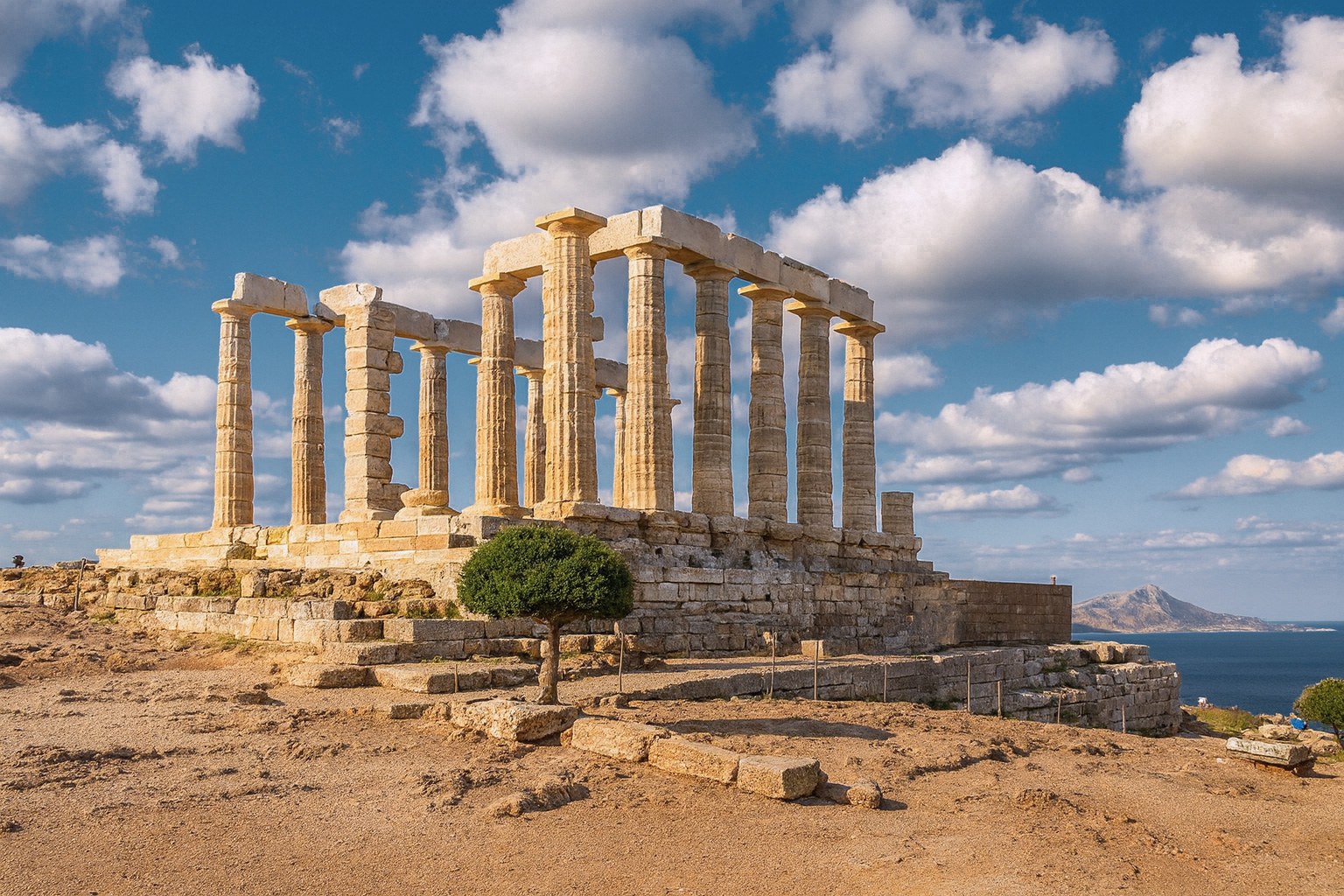 Der Tempel des Poseidon am Kap Sounion in Griechenland erstrahlt im besten Sonnenlicht unter malerischen weiß-grauen Wolken mit Blick auf die Ägäis.