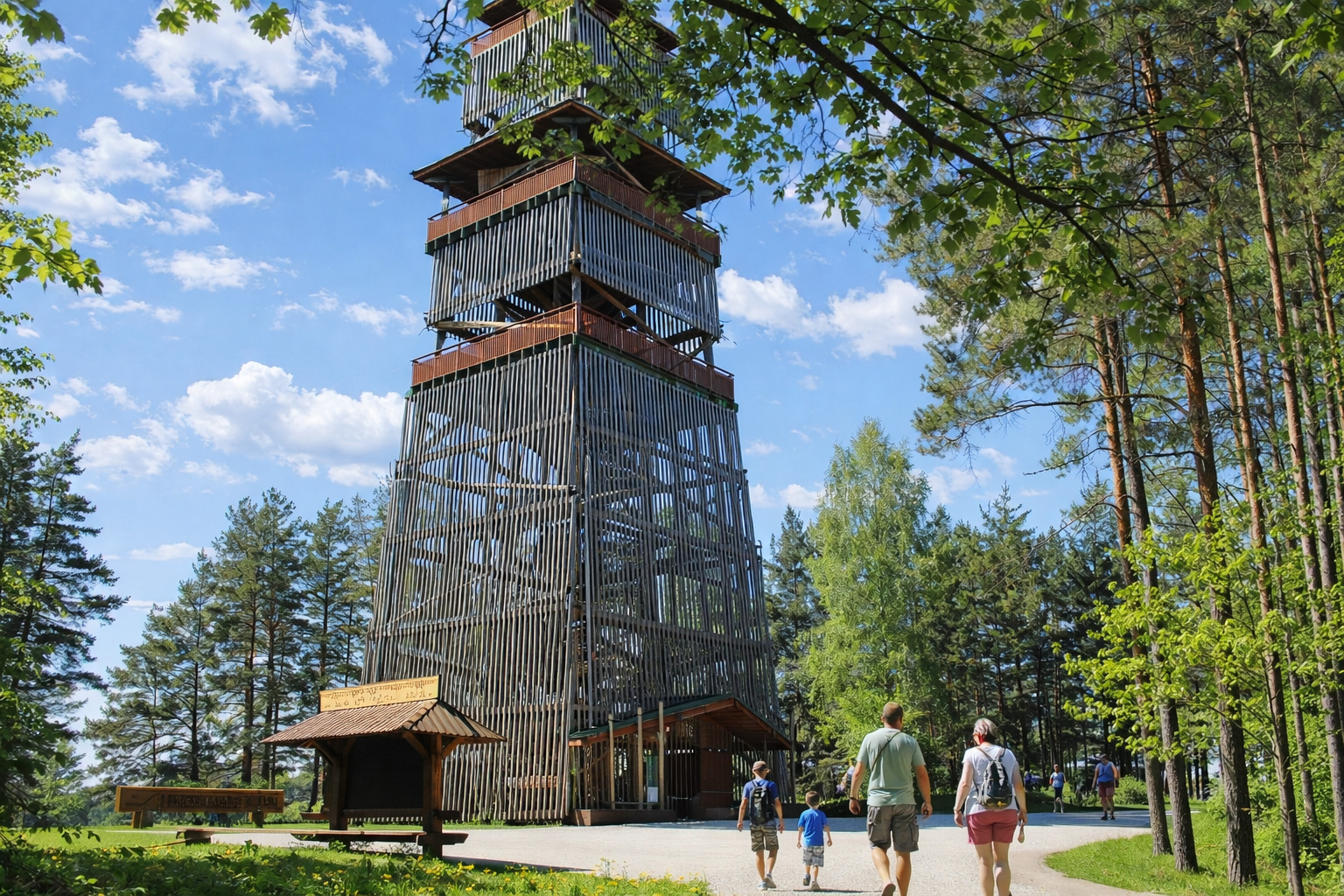 Hoher hölzerner Aussichtsturm Tērvetes Abenteuerturm mit vertikalen Latten und umlaufenden Plattformen, umgeben von Kiefernwald und grünen Wiesen, Besucher gehen auf dem Weg zum Turm, kräftiges Sonnenlicht mit klaren Schatten und einzelne weiße Wolken am blauen Himmel