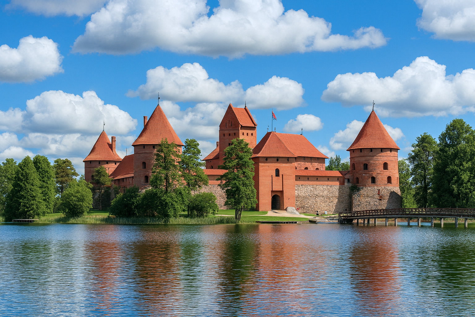 Trakai Schloss in Litauen mit roten Dächern, umgeben von Wasser und malerischen weiß-grauen Wolken im besten Sonnenlicht.