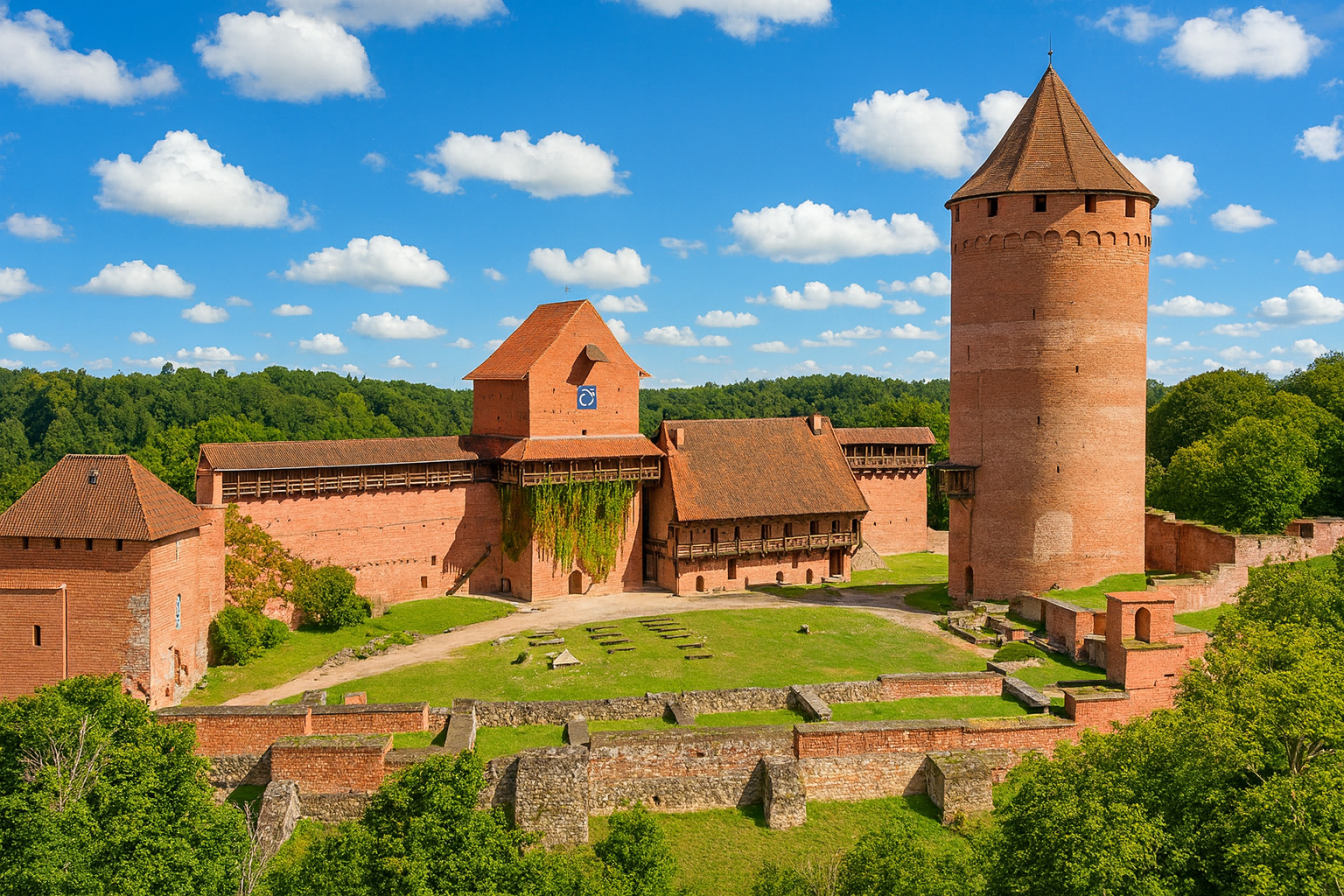 Turaida Castle bei Salacgrīva in Lettland mit roten Backsteinmauern, grünem Wald im Hintergrund und großen weißen Wolken am blauen Himmel im Sonnenschein.
