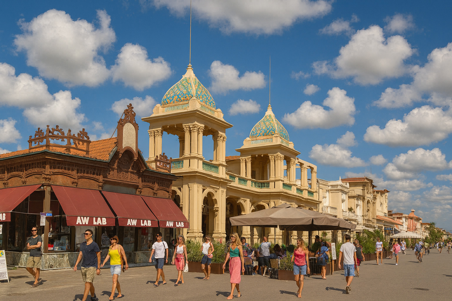 Strandpromenade am La Versilia Beach in Viareggio mit Spaziergängern in sommerlicher Kleidung unter malerischen weiß-grauen Wolken im Sonnenschein.