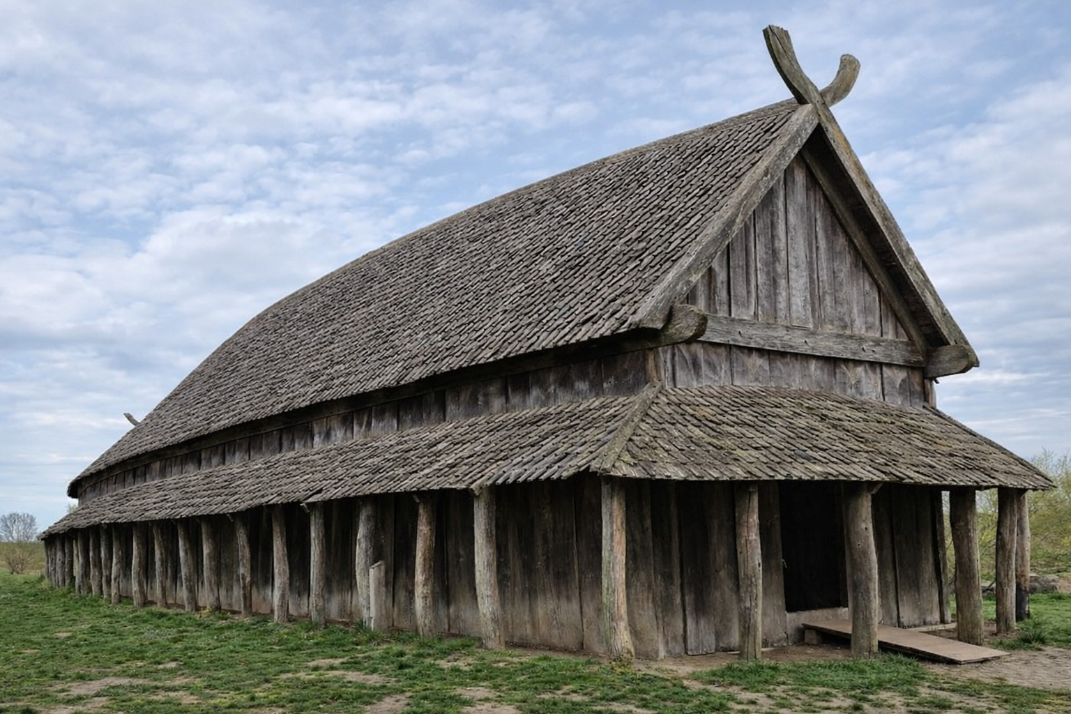 Rekonstruiertes Wiking-Langhaus der Vikingeborgen Trelleborg mit geschwungenem, schindelgedecktem Dach, massiven Holzpfosten und überdachtem Umgang, umgeben von einer grünen Wiese unter leicht bewölktem Himmel in Dänemark