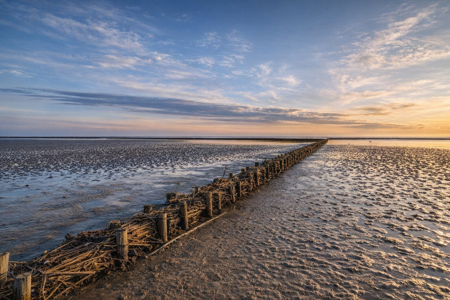Weite Wattlandschaft bei Ebbe mit rippligem Schlick und kleinen Wasserflächen, ein alter Holzpfahlwall führt als Linie bis zum Horizont, warmes Sonnenlicht wirft kontrastreiche Schatten über den Boden und ein leicht veränderter Wolkenschleier zieht über den Abendhimmel
