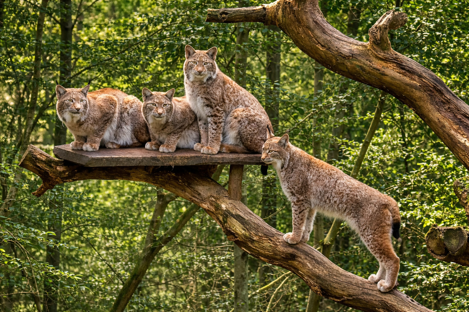 Vier Luchse auf einer hölzernen Plattform im Wildpark Schwarze Berge, umgeben von dichtem sommergrünem Wald, detailreiches Fell und wachsame Blicke im warmen Sonnenlicht über verwitterten Baumstämmen