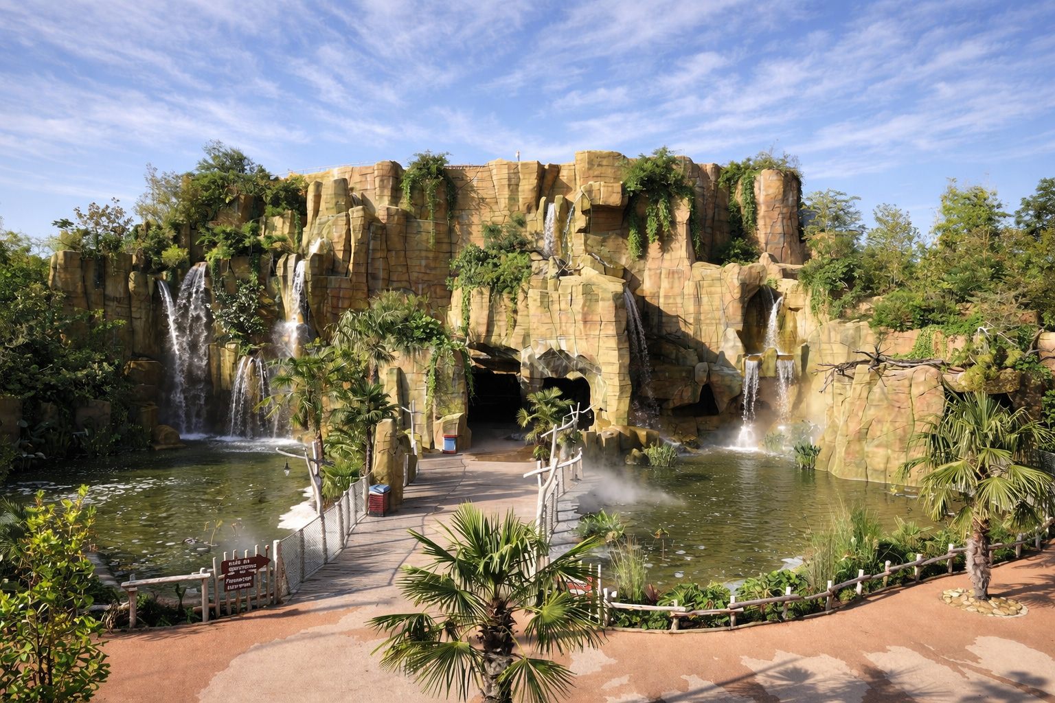 Felslandschaft mit mehreren Wasserfällen im Zoo d'Amnéville, die in einen grünen Lagunenteich stürzen, Steg und Höhleneingang in der Mitte, umgeben von Palmen und üppiger Vegetation unter einem hohen Himmel mit feinen Schleierwolken
