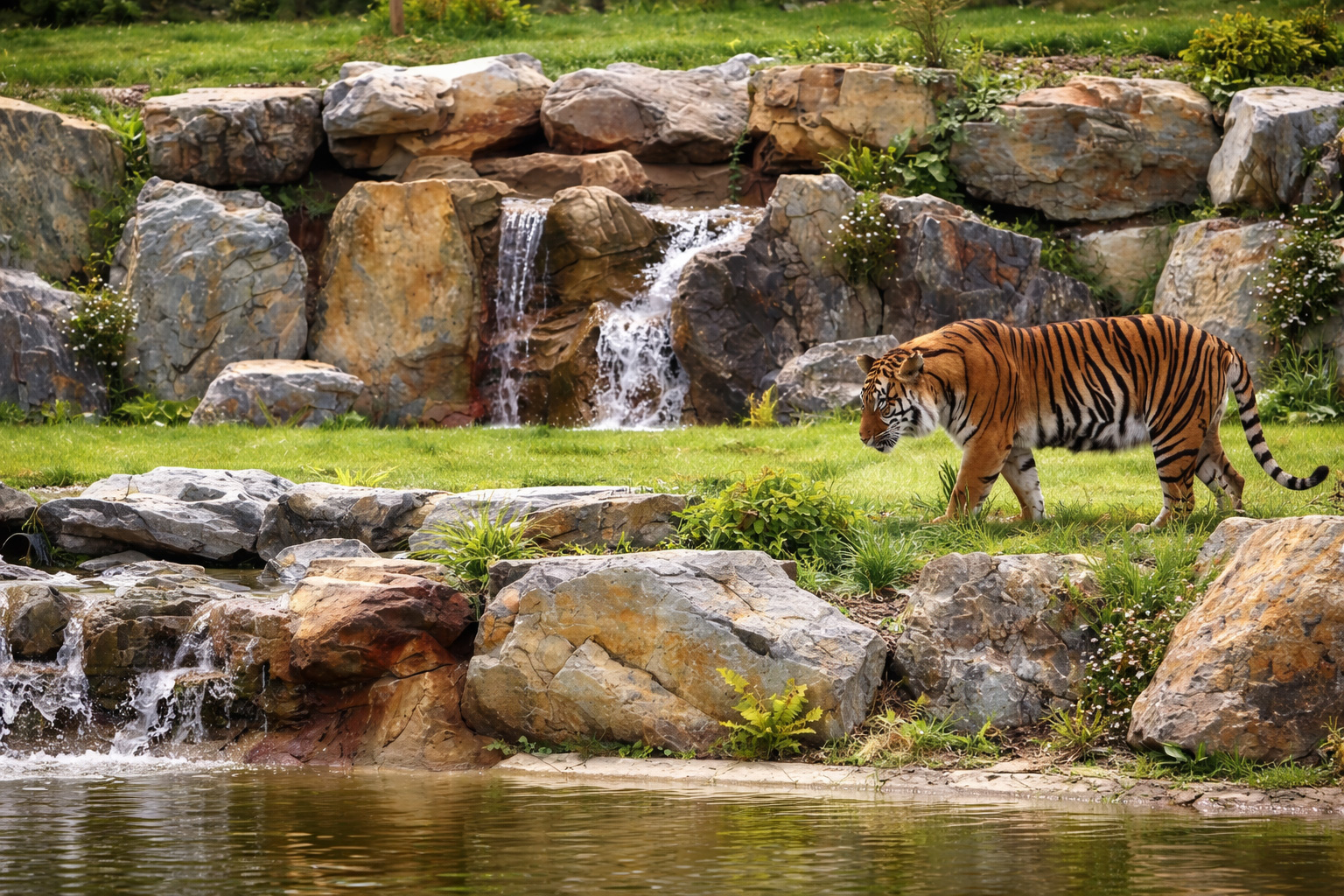Tiger in einer naturnah gestalteten Zooanlage mit großen Felsformationen, grünem Rasen und kleinen Wasserfällen, im Vordergrund ein Teichufer mit Steinen bei kräftigem Sonnenlicht und klaren Schatten