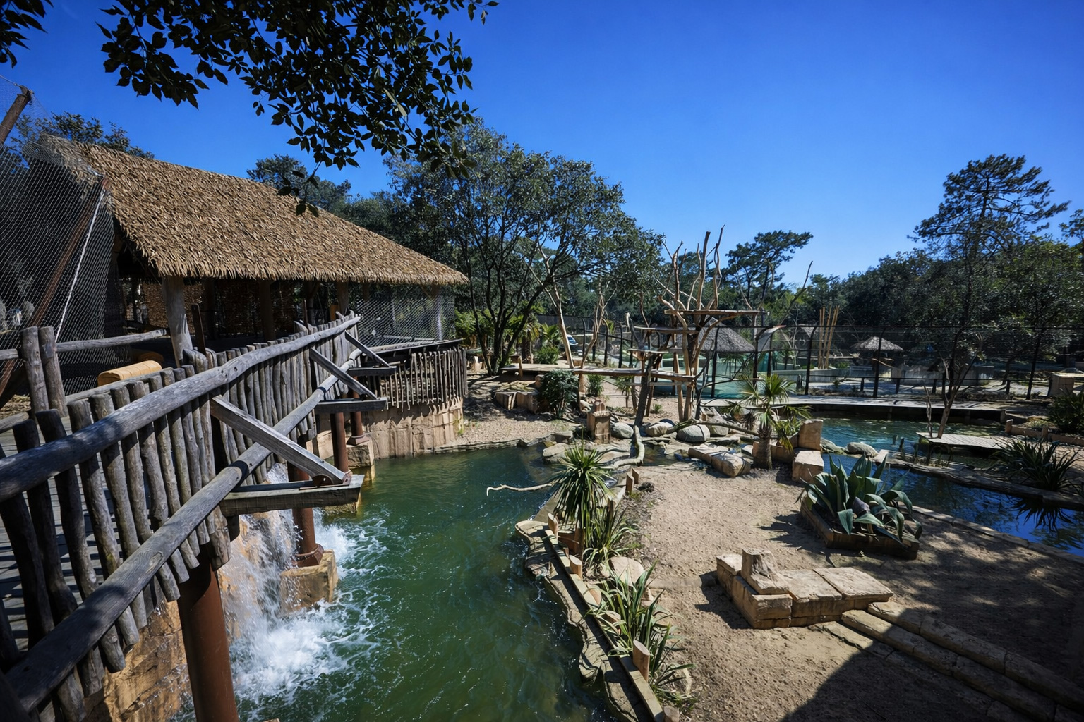 Naturnah gestaltete Zooanlage mit Holzstegen, strohgedeckten Gebäuden und Wasserläufen mit kleinem Wasserfall, umgeben von sandigen Wegen, Palmen und dichter Vegetation unter klarem blauem Himmel und kräftigen Schatten